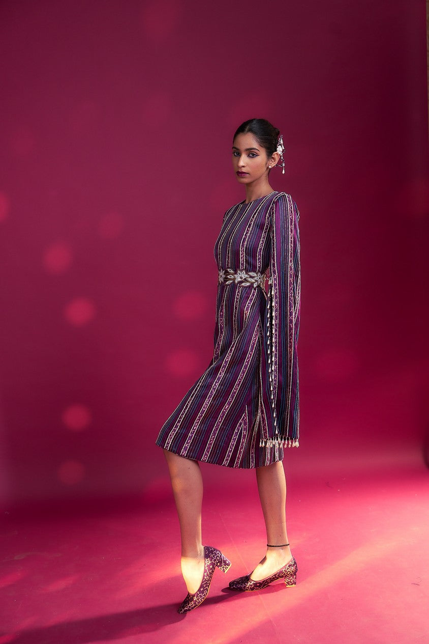 Dark purple heavily stripworked dress with cape sleeves