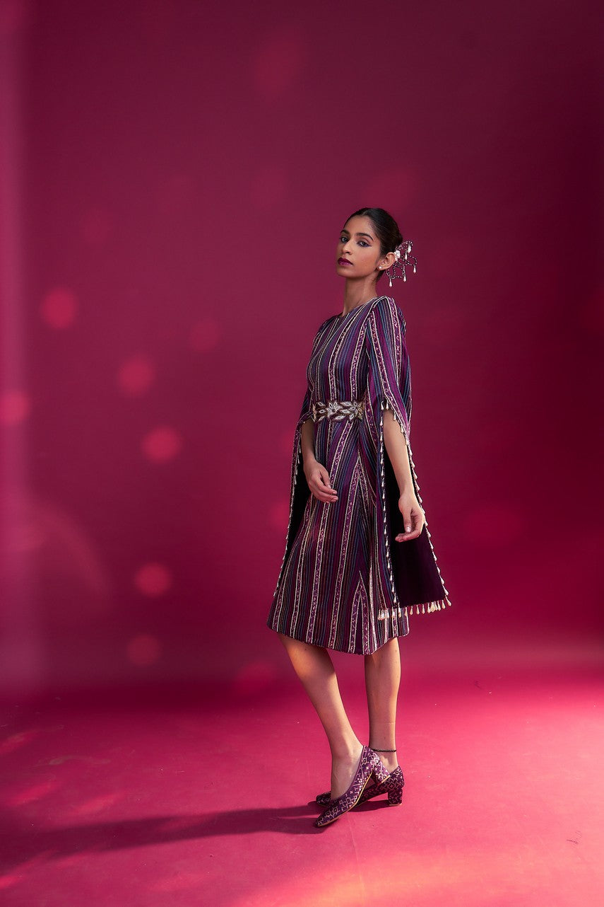 Dark purple heavily stripworked dress with cape sleeves