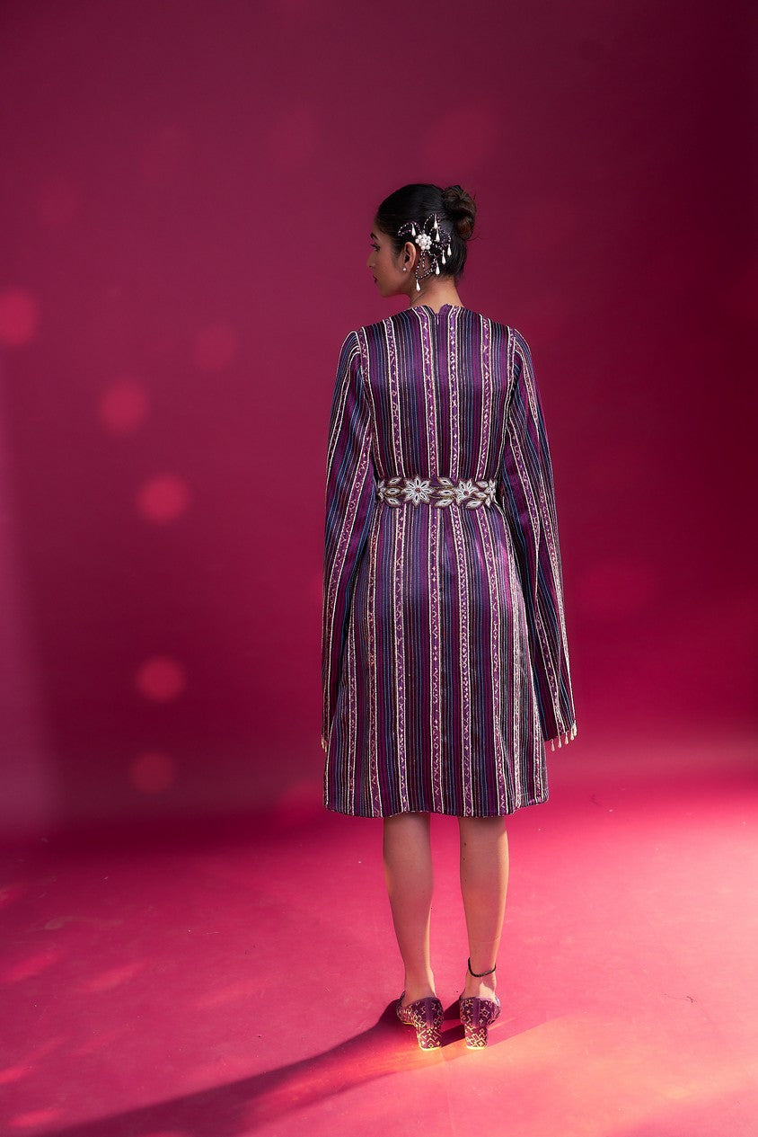 Dark purple heavily stripworked dress with cape sleeves