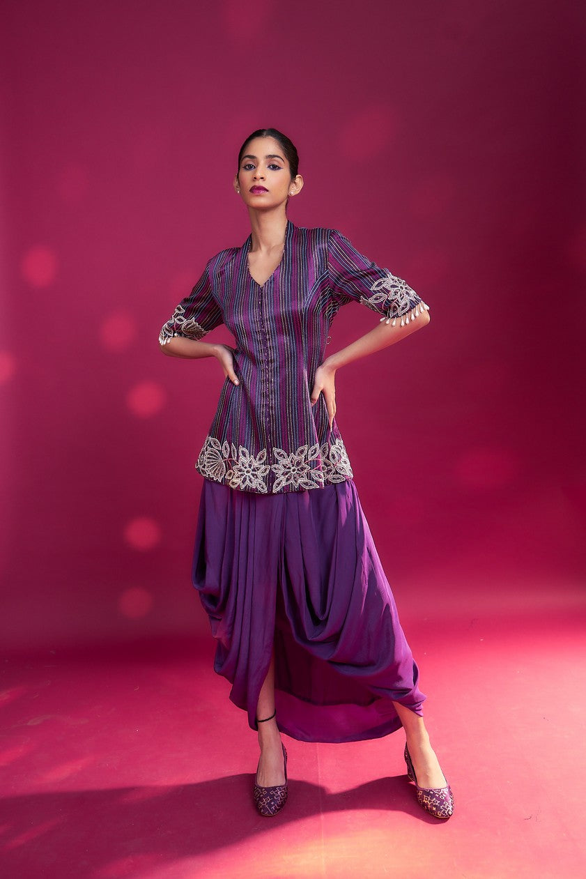 Dark purple ajrakh patchworked peplum jacket with drape dhoti skirt
