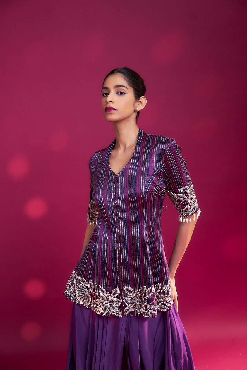 Dark purple ajrakh patchworked peplum jacket with drape dhoti skirt