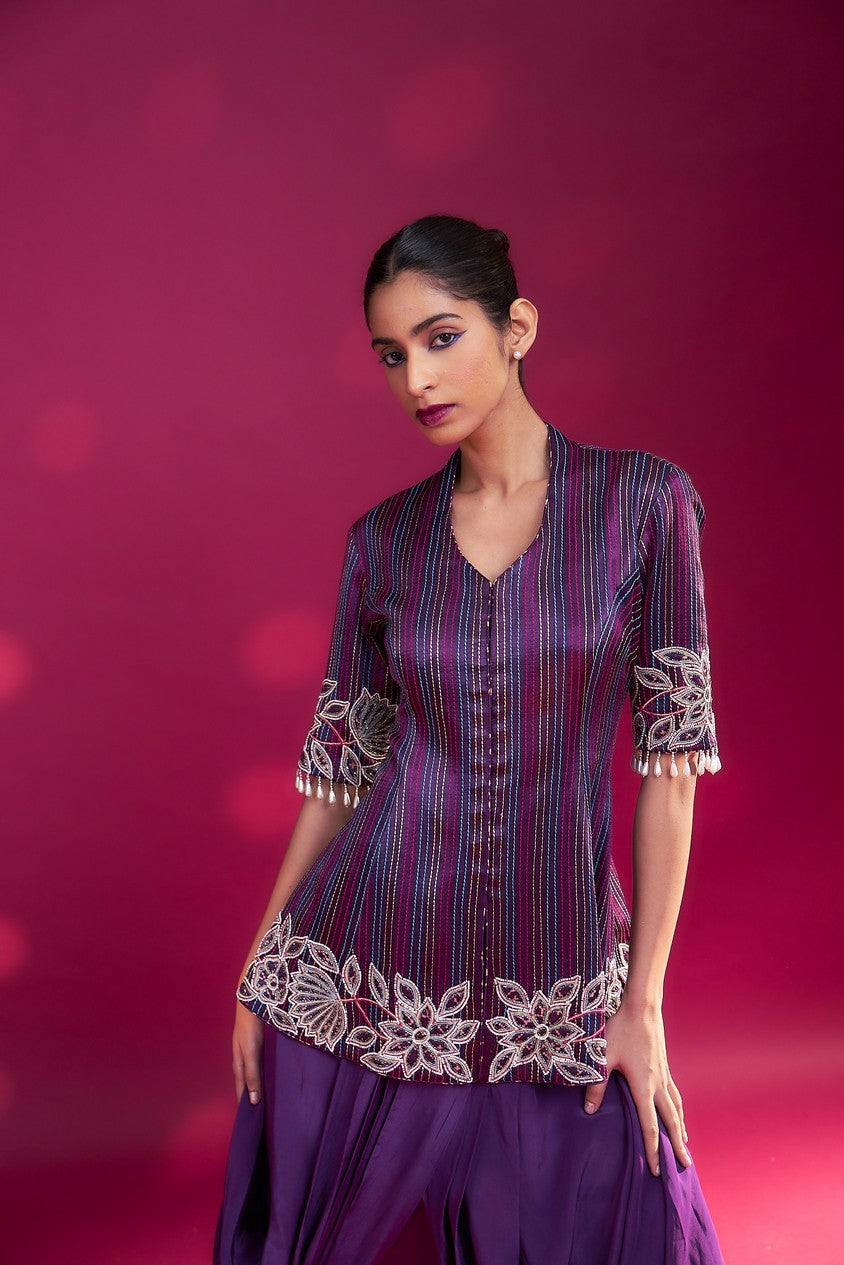 Dark purple ajrakh patchworked peplum jacket with drape dhoti skirt