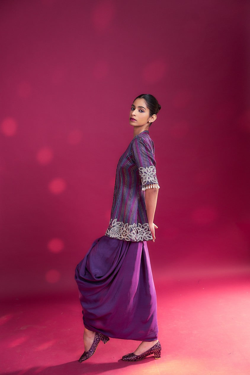 Dark purple ajrakh patchworked peplum jacket with drape dhoti skirt