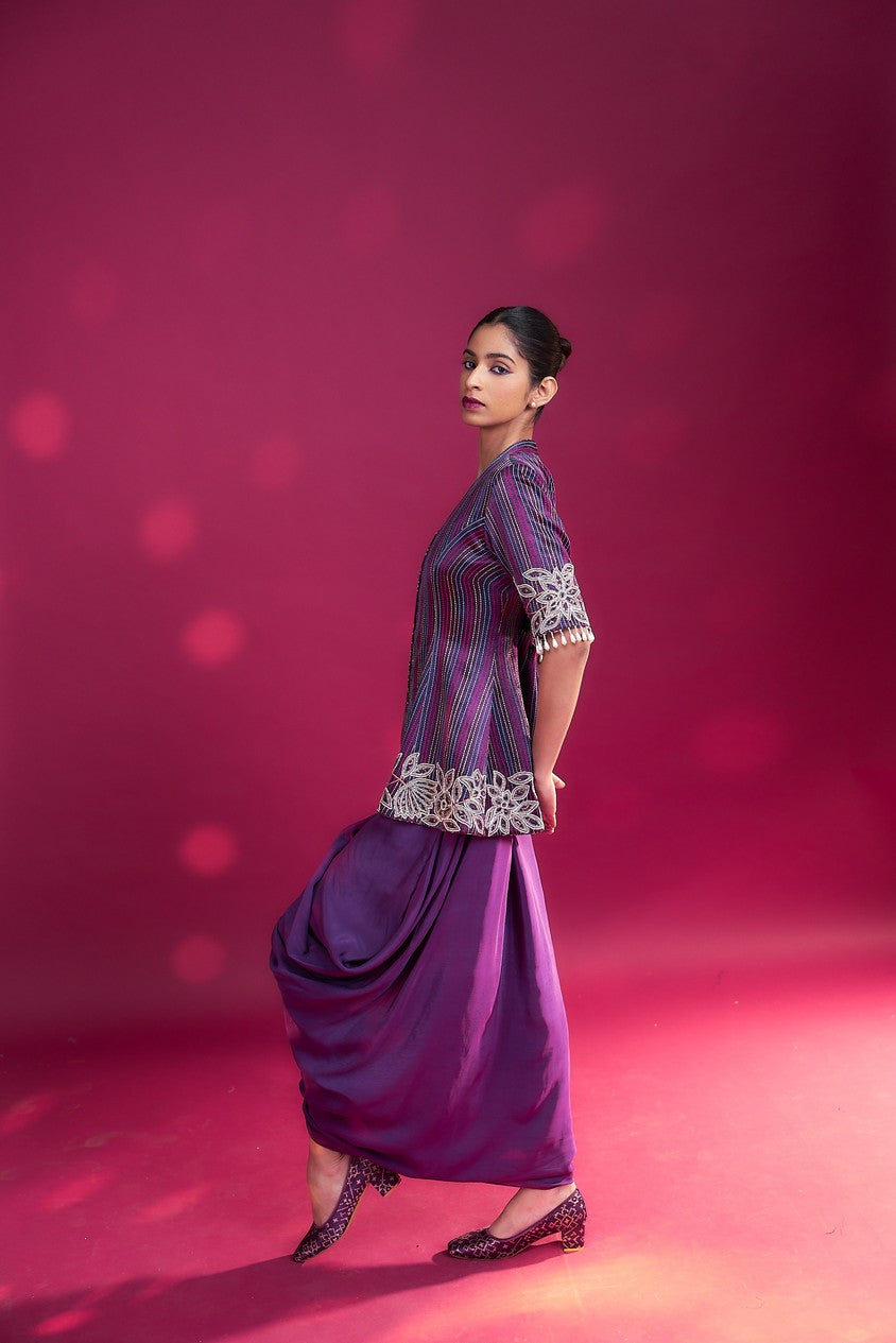Dark purple ajrakh patchworked peplum jacket with drape dhoti skirt