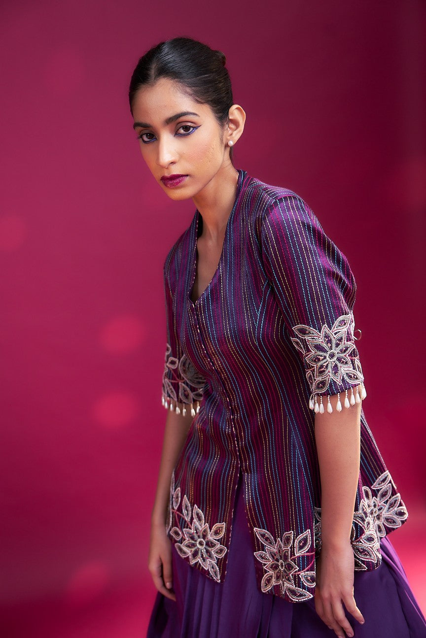 Dark purple ajrakh patchworked peplum jacket with drape dhoti skirt