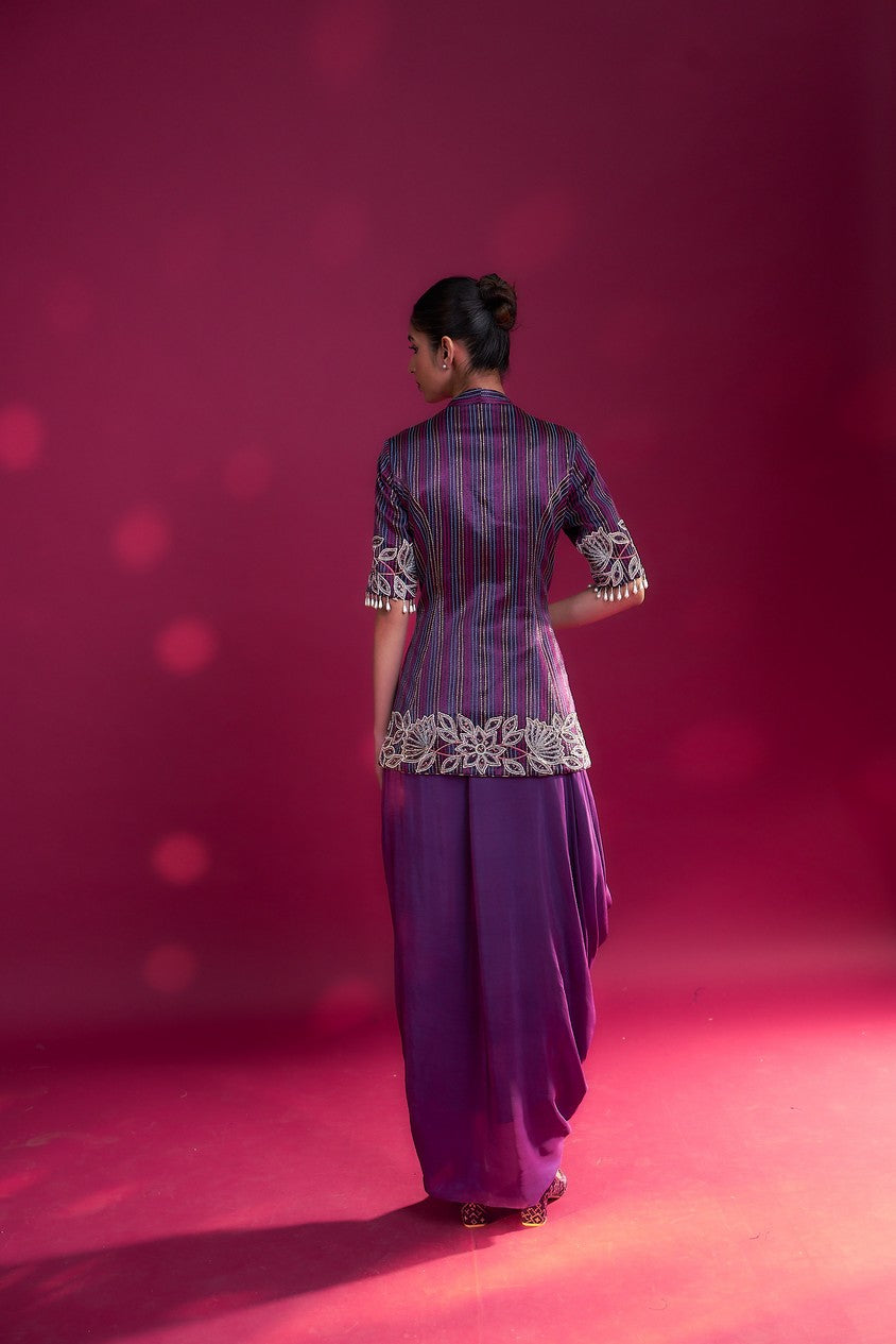 Dark purple ajrakh patchworked peplum jacket with drape dhoti skirt