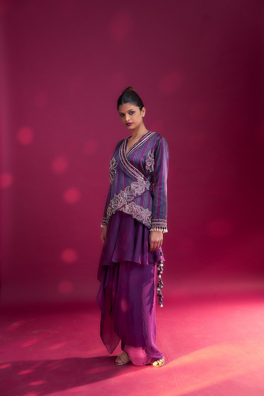Dark Purple embroidered  angarkha  jacket with drape dhoti skirt