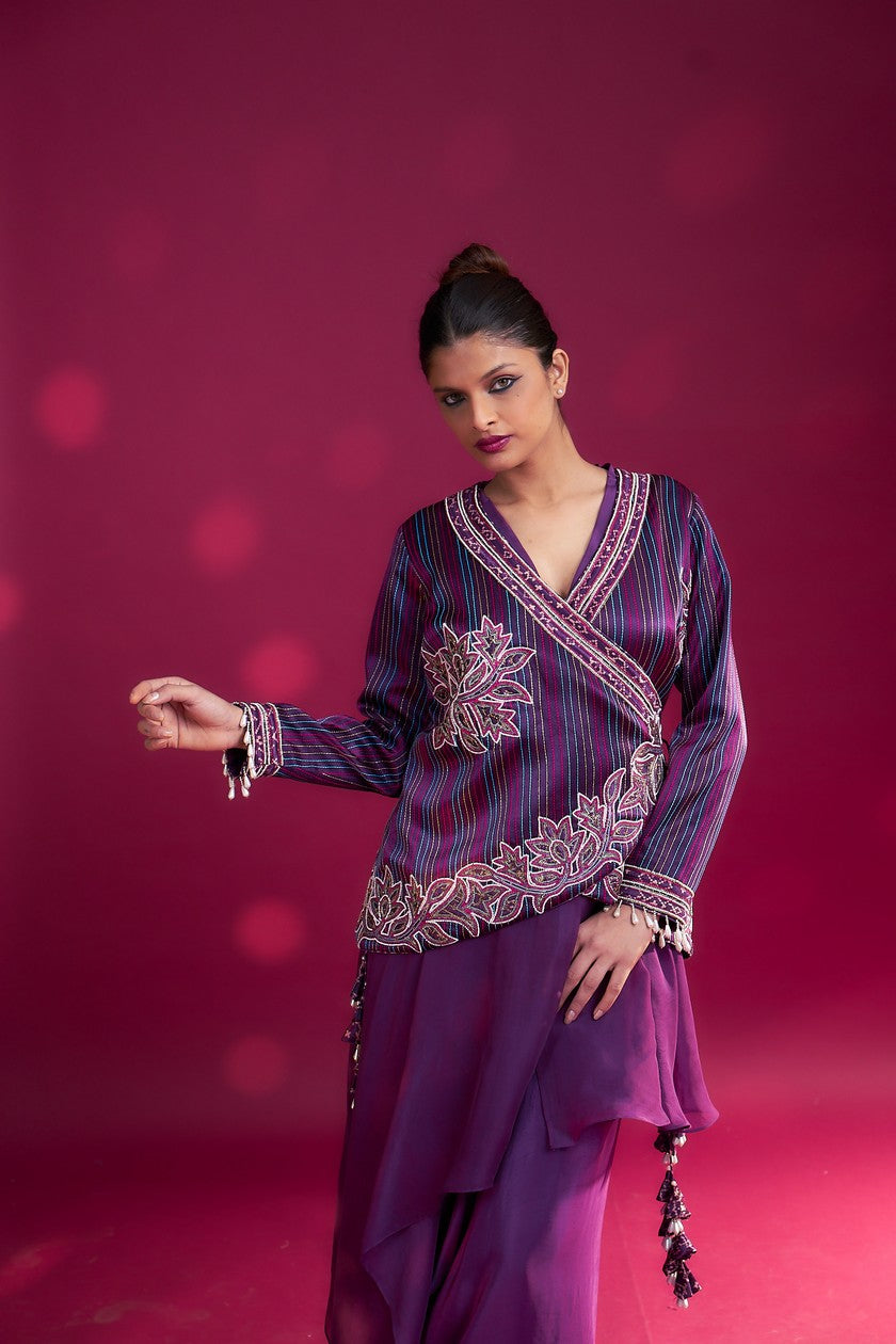 Dark Purple embroidered  angarkha  jacket with drape dhoti skirt