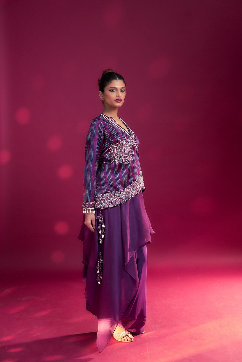 Dark Purple embroidered  angarkha  jacket with drape dhoti skirt