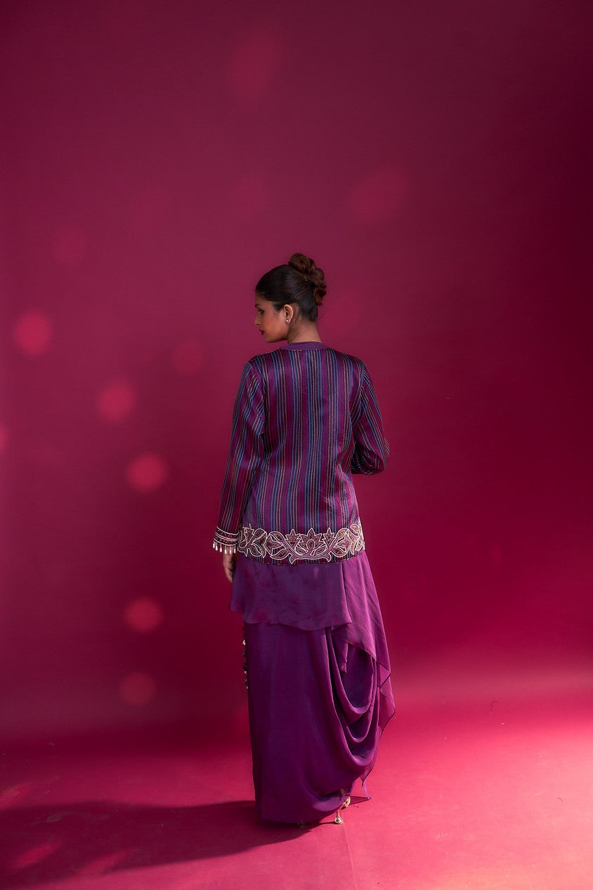 Dark Purple embroidered  angarkha  jacket with drape dhoti skirt