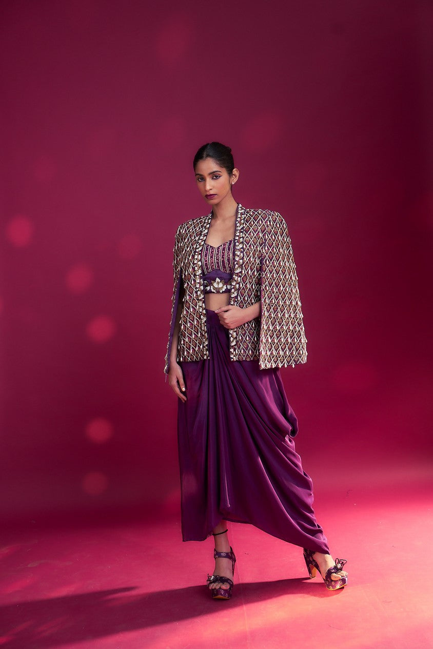Dark purple Fully embroidered ajrakh cape jacket with heavily embellished blouse and drape skirt