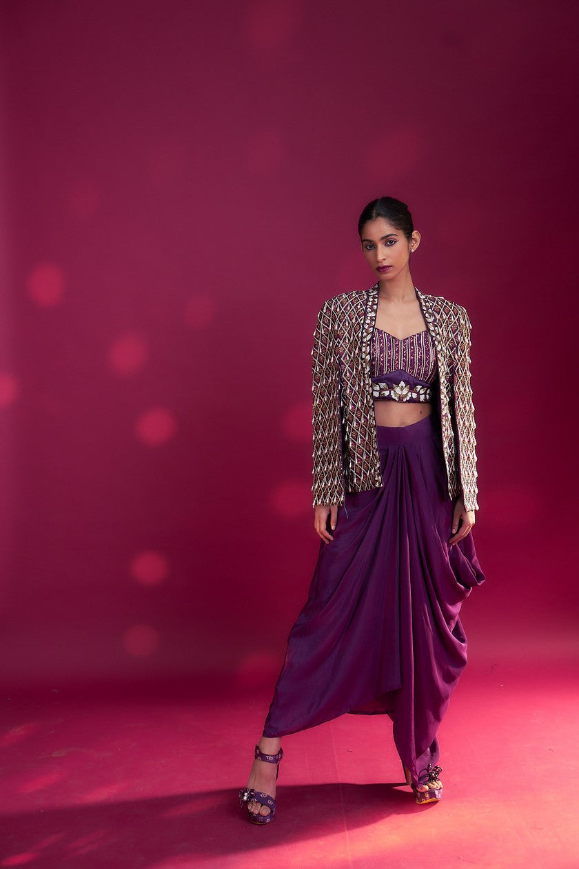 Dark purple Fully embroidered ajrakh cape jacket with heavily embellished blouse and drape skirt