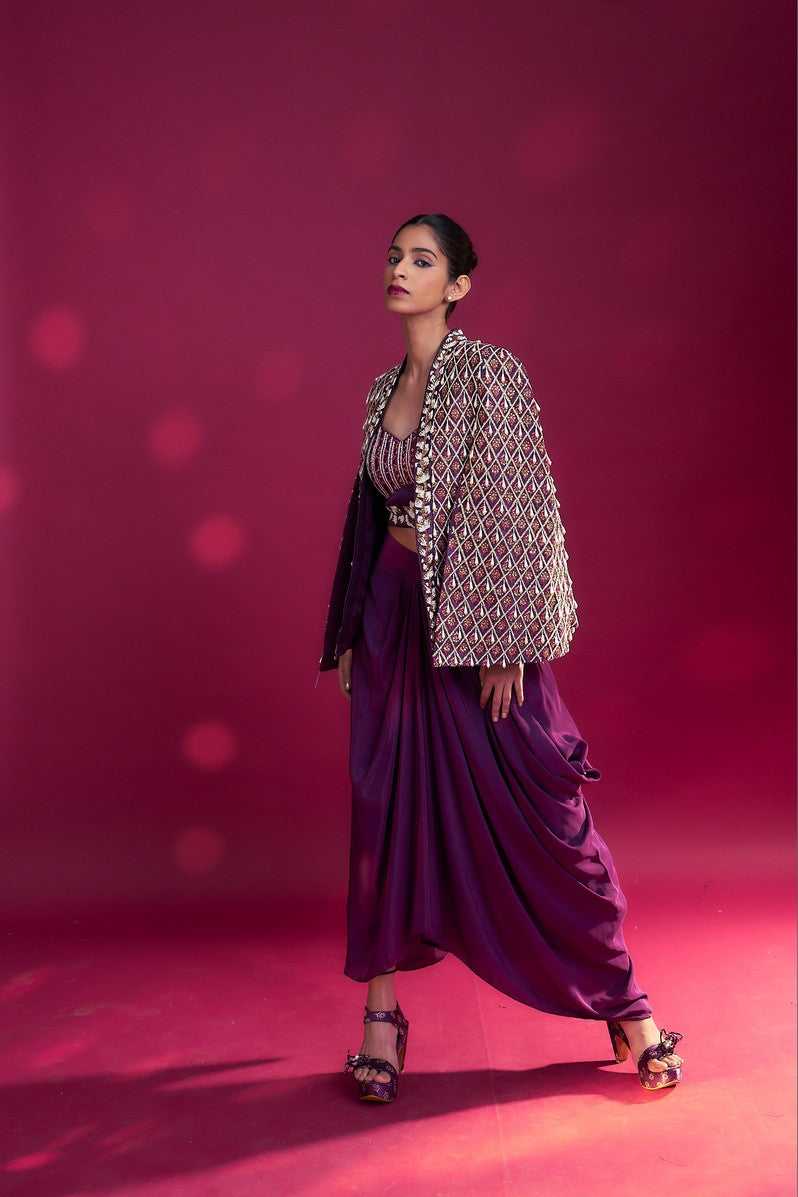 Dark purple Fully embroidered ajrakh cape jacket with heavily embellished blouse and drape skirt