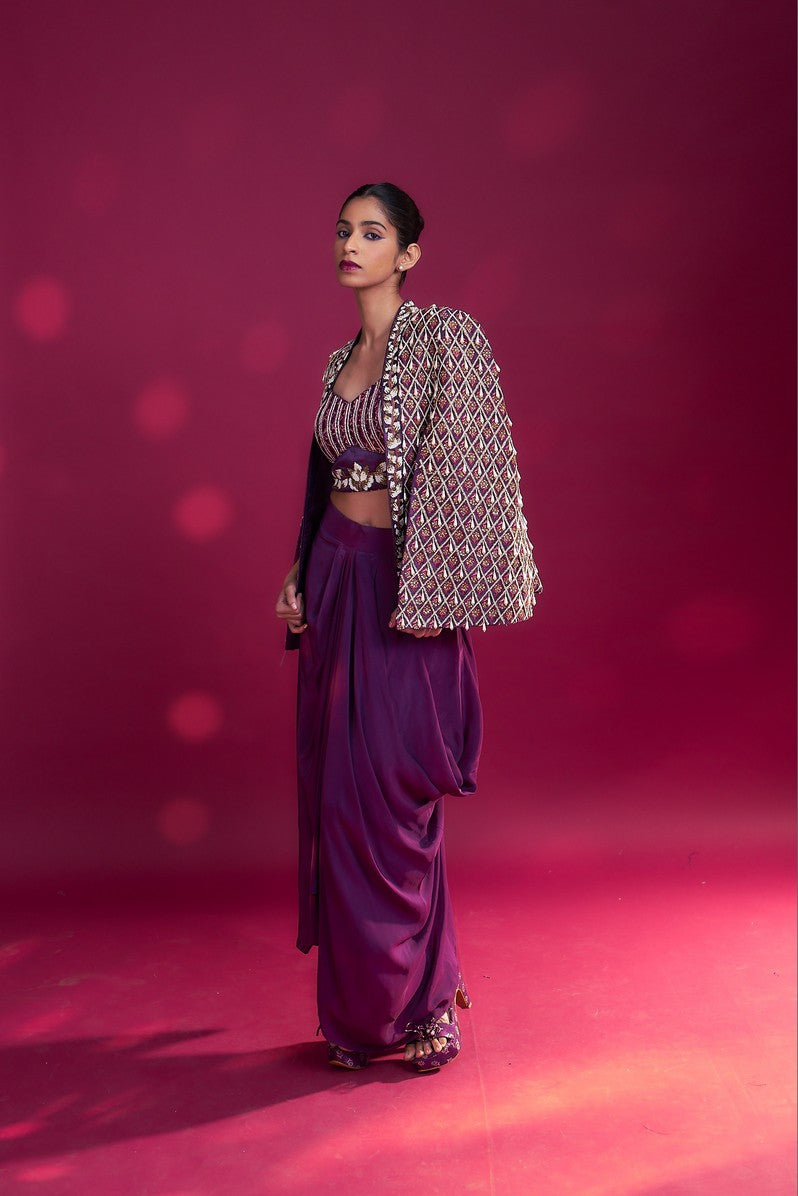 Dark purple Fully embroidered ajrakh cape jacket with heavily embellished blouse and drape skirt