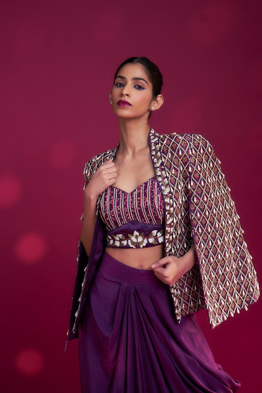 Dark purple Fully embroidered ajrakh cape jacket with heavily embellished blouse and drape skirt