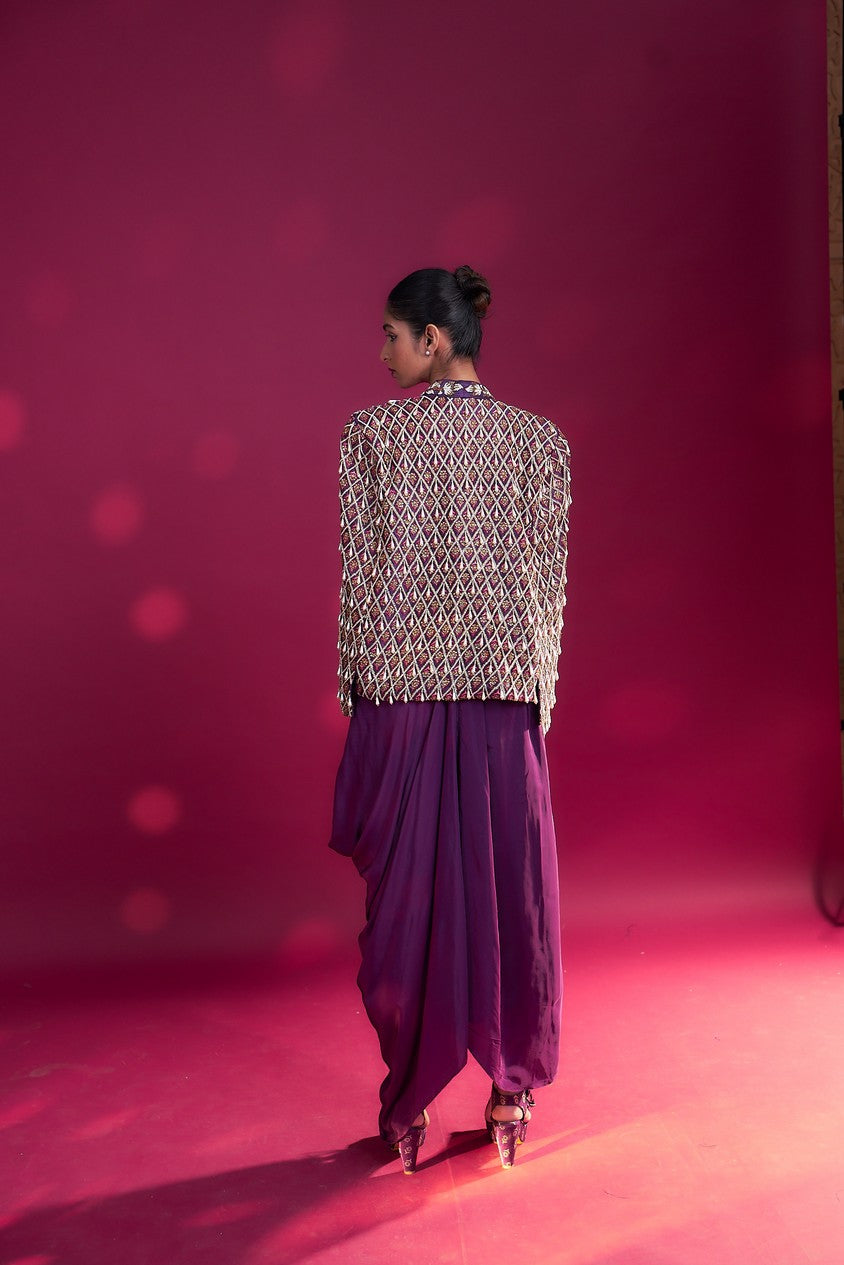 Dark purple Fully embroidered ajrakh cape jacket with heavily embellished blouse and drape skirt