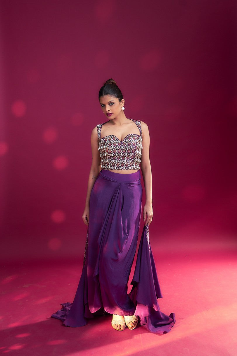 Dark purple ajrakh embellished blouse with drape skirt and ruffled dupatta