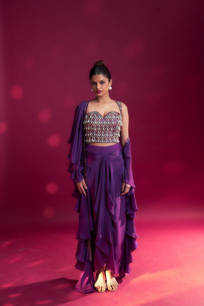 Dark purple ajrakh embellished blouse with drape skirt and ruffled dupatta