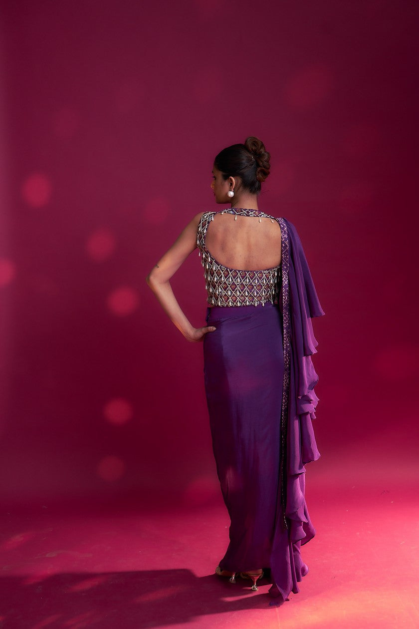 Dark purple ajrakh embellished blouse with drape skirt and ruffled dupatta