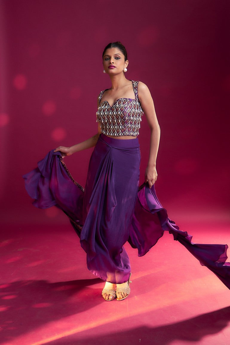 Dark purple ajrakh embellished blouse with drape skirt and ruffled dupatta