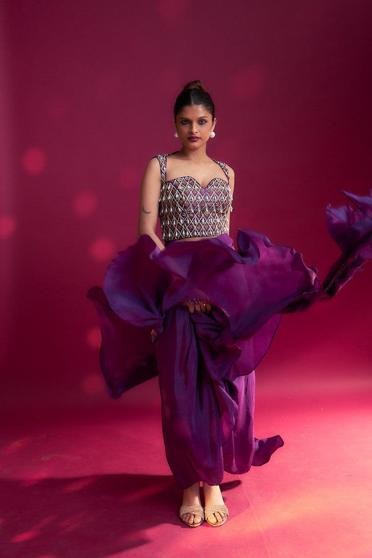 Dark purple ajrakh embellished blouse with drape skirt and ruffled dupatta