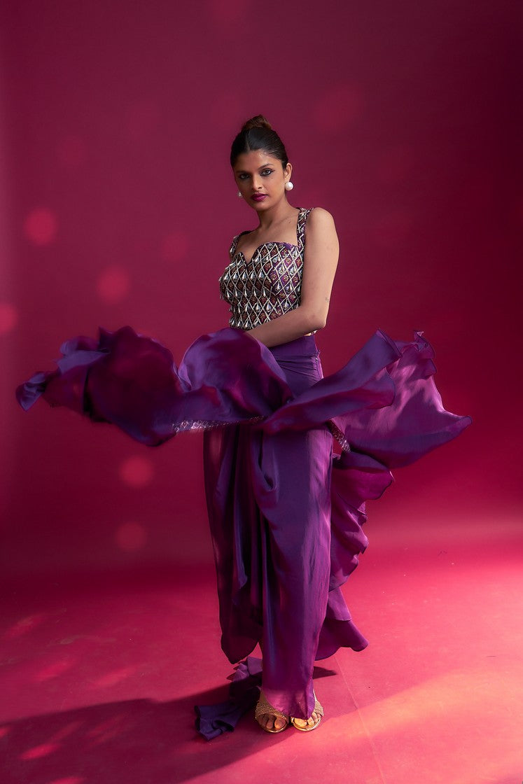 Dark purple ajrakh embellished blouse with drape skirt and ruffled dupatta