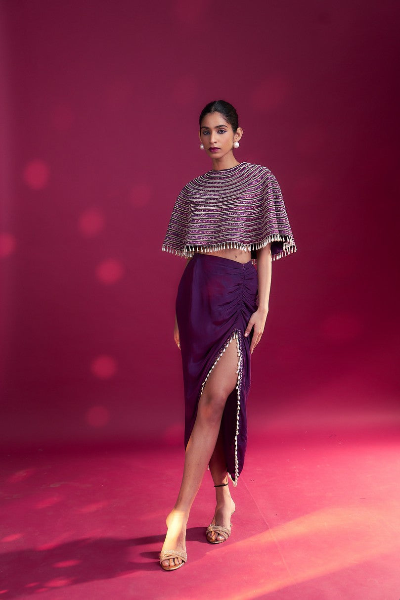 Dark purple Ajrakh stripwork capelet with purple bralette and drape skirt