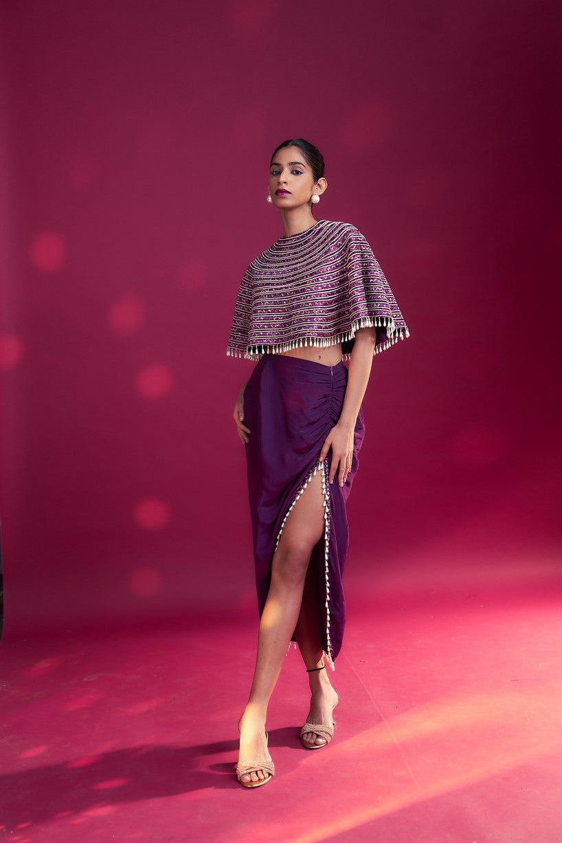 Dark purple Ajrakh stripwork capelet with purple bralette and drape skirt