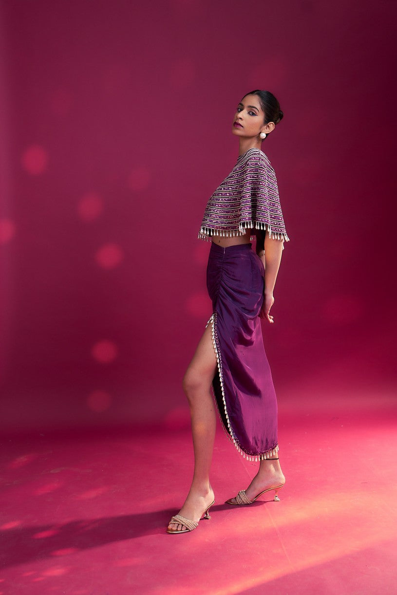 Dark purple Ajrakh stripwork capelet with purple bralette and drape skirt