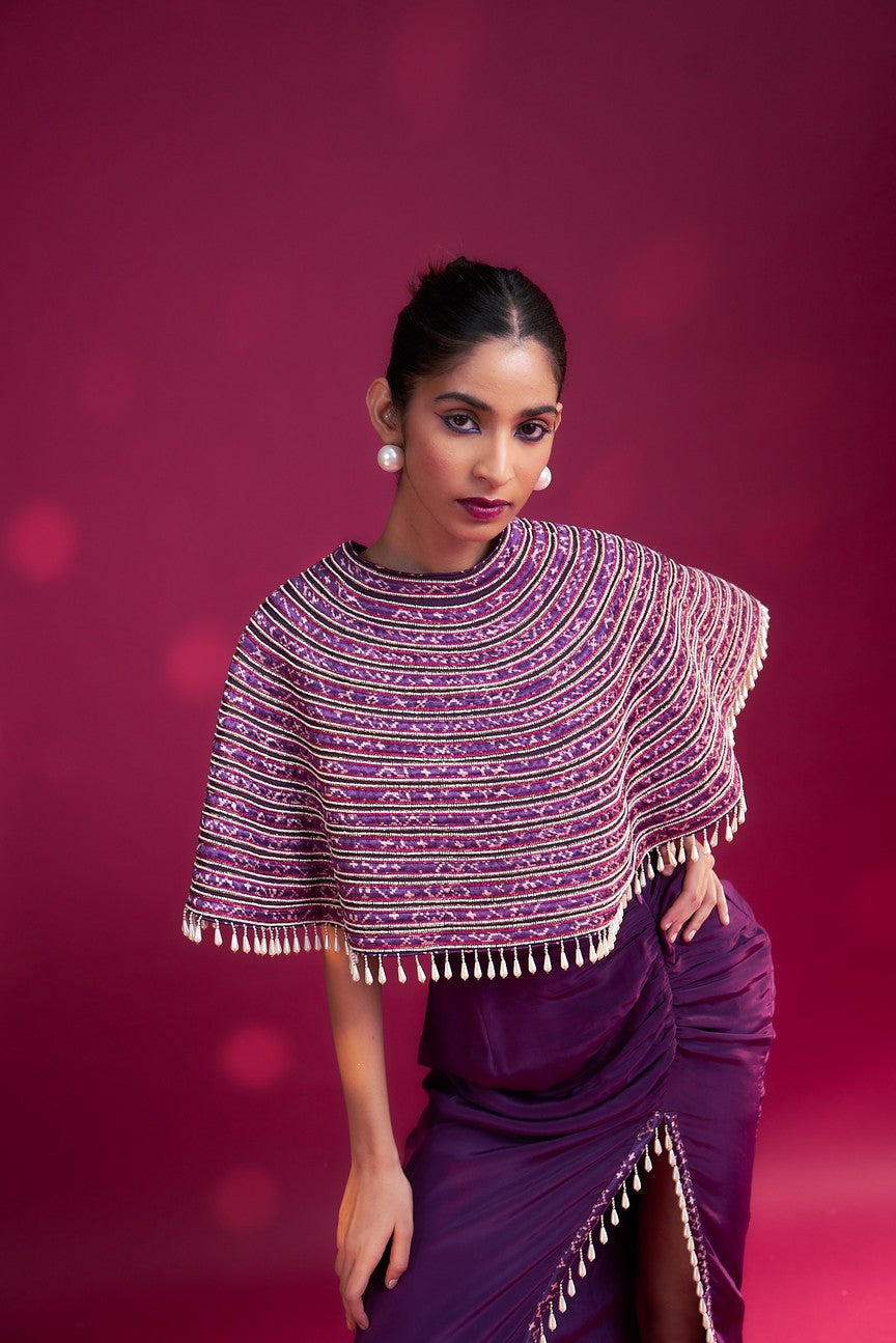 Dark purple Ajrakh stripwork capelet with purple bralette and drape skirt