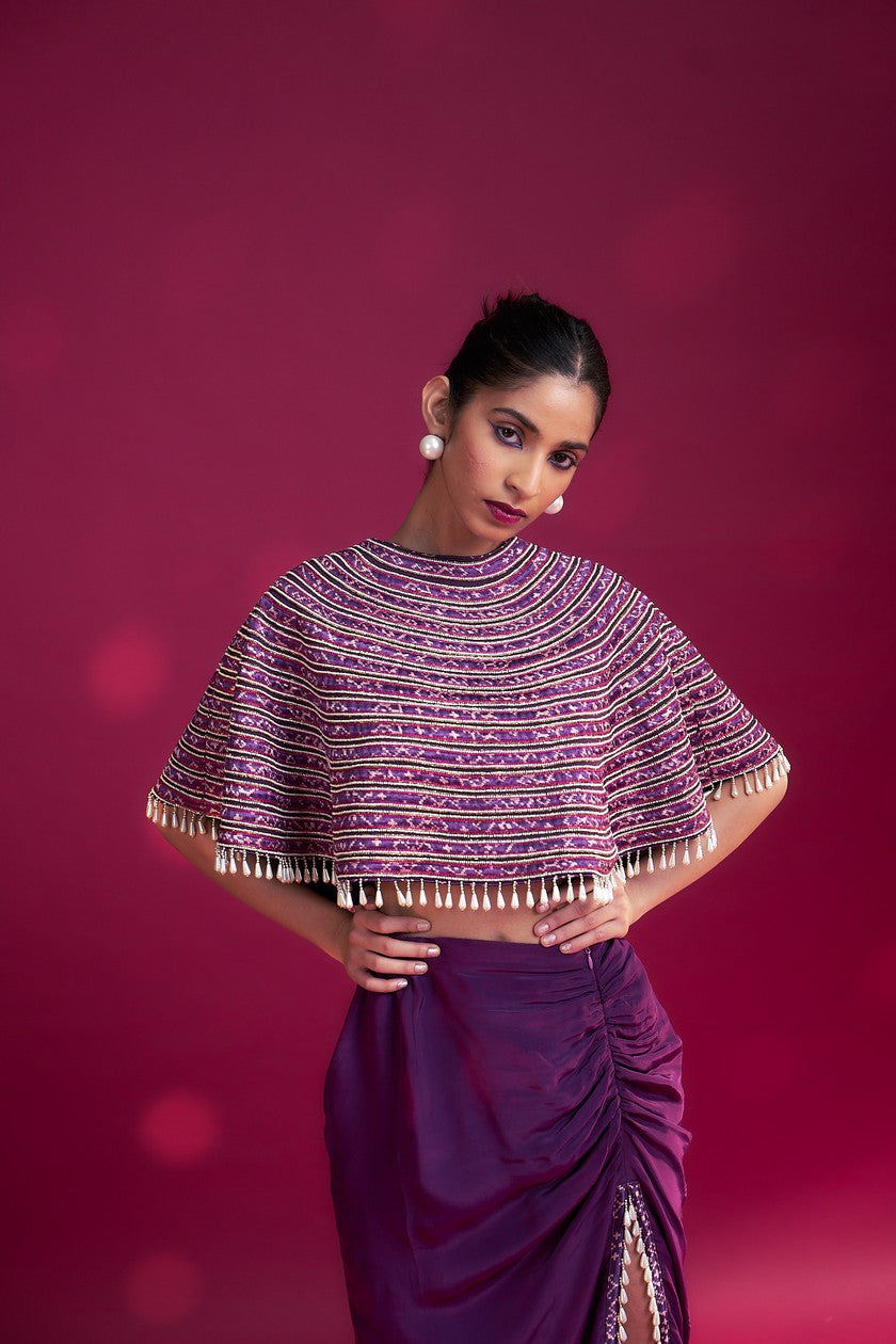 Dark purple Ajrakh stripwork capelet with purple bralette and drape skirt
