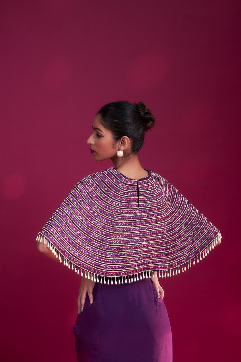 Dark purple Ajrakh stripwork capelet with purple bralette and drape skirt