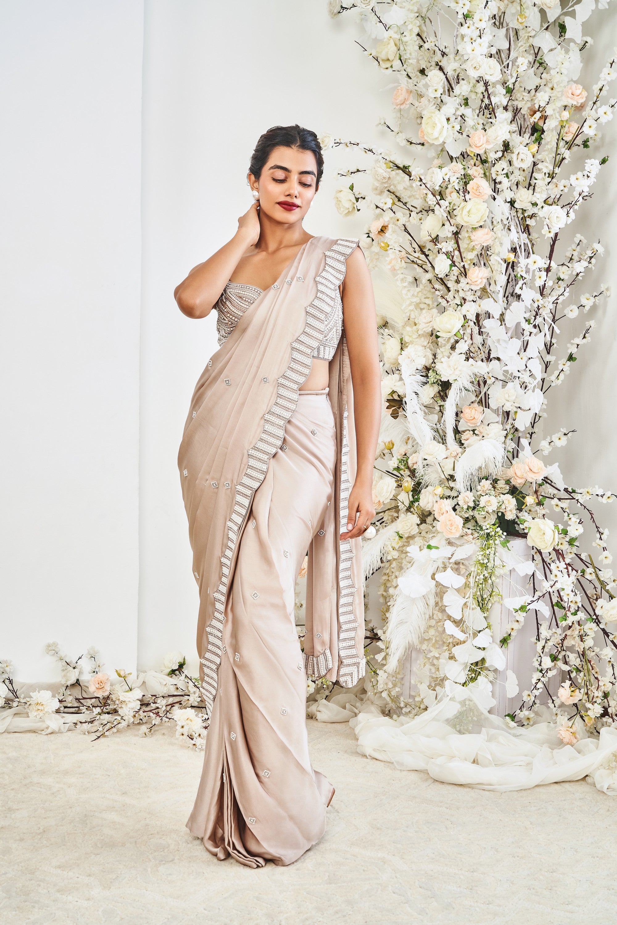 Pearl Embroidered Draped Saree Set