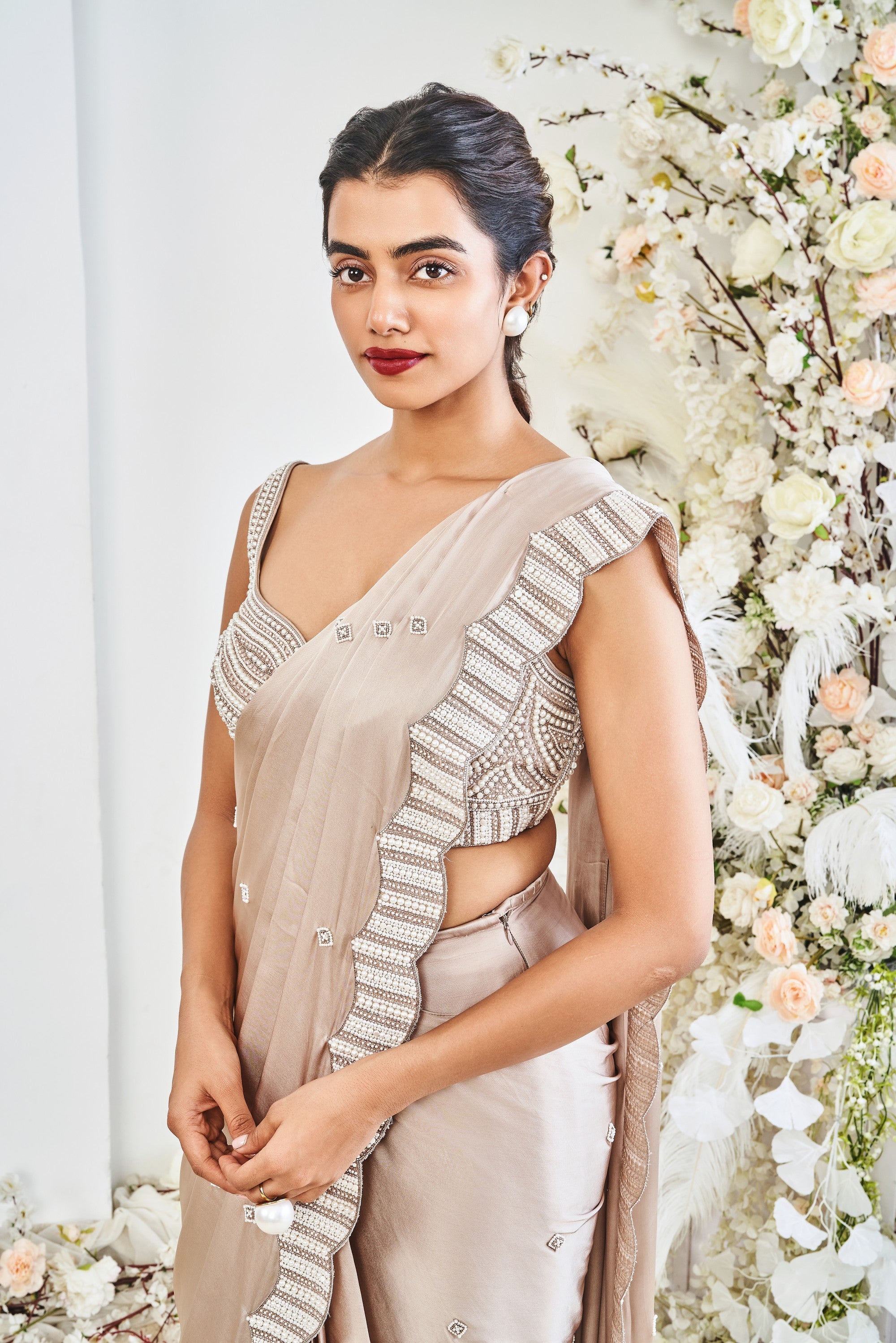 Pearl Embroidered Draped Saree Set