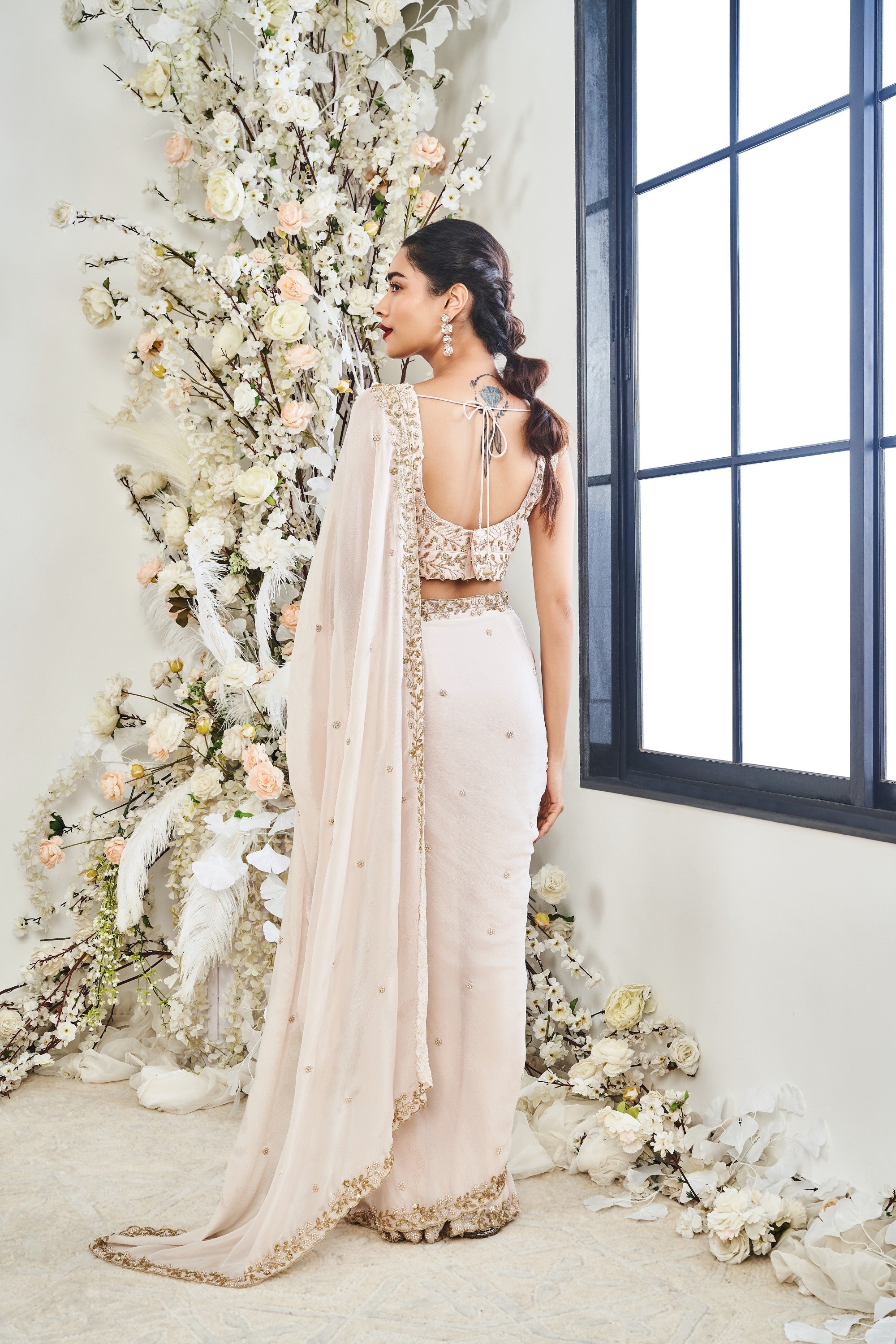 Pink Sequinned Draped Saree Set