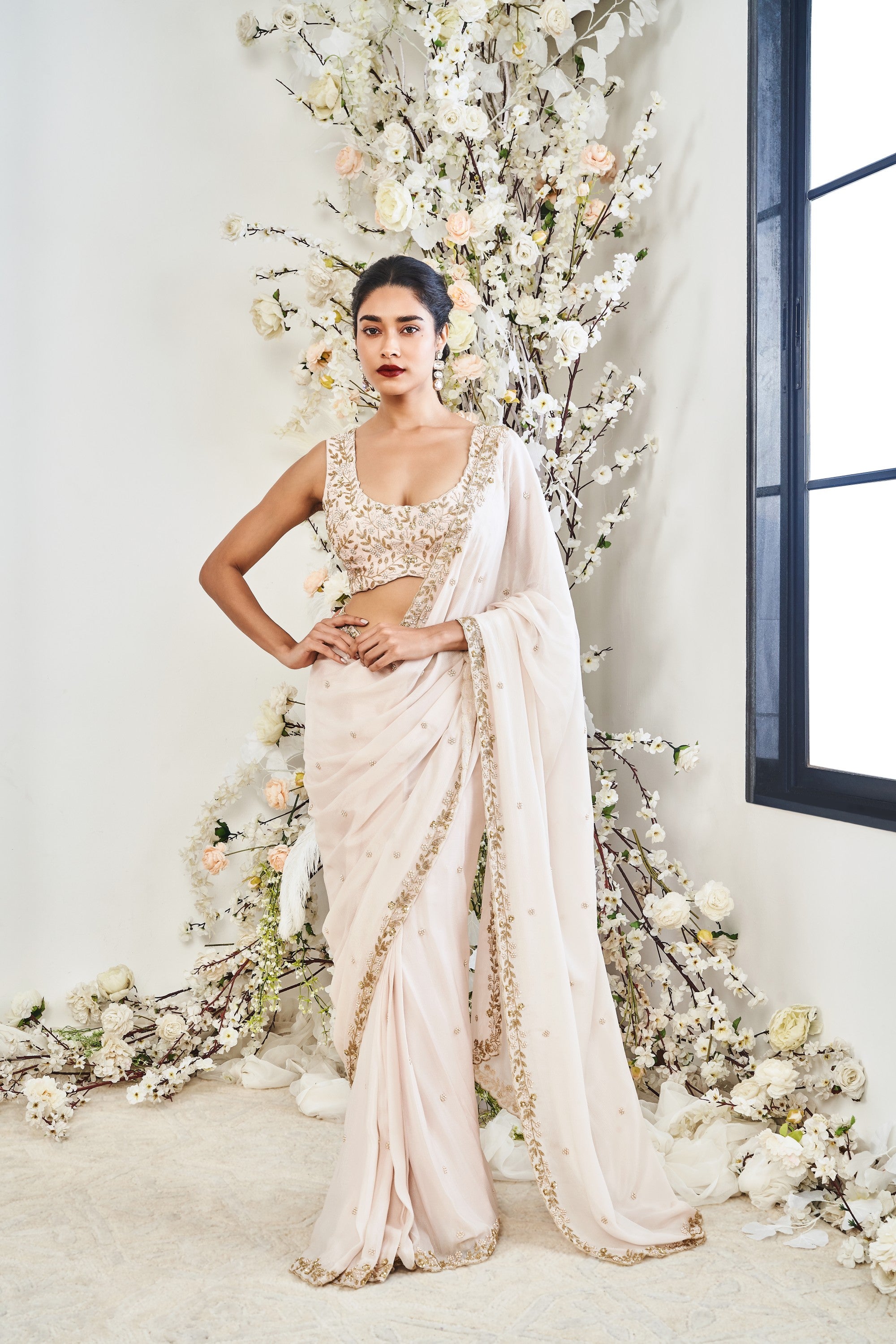 Pink Sequinned Draped Saree Set