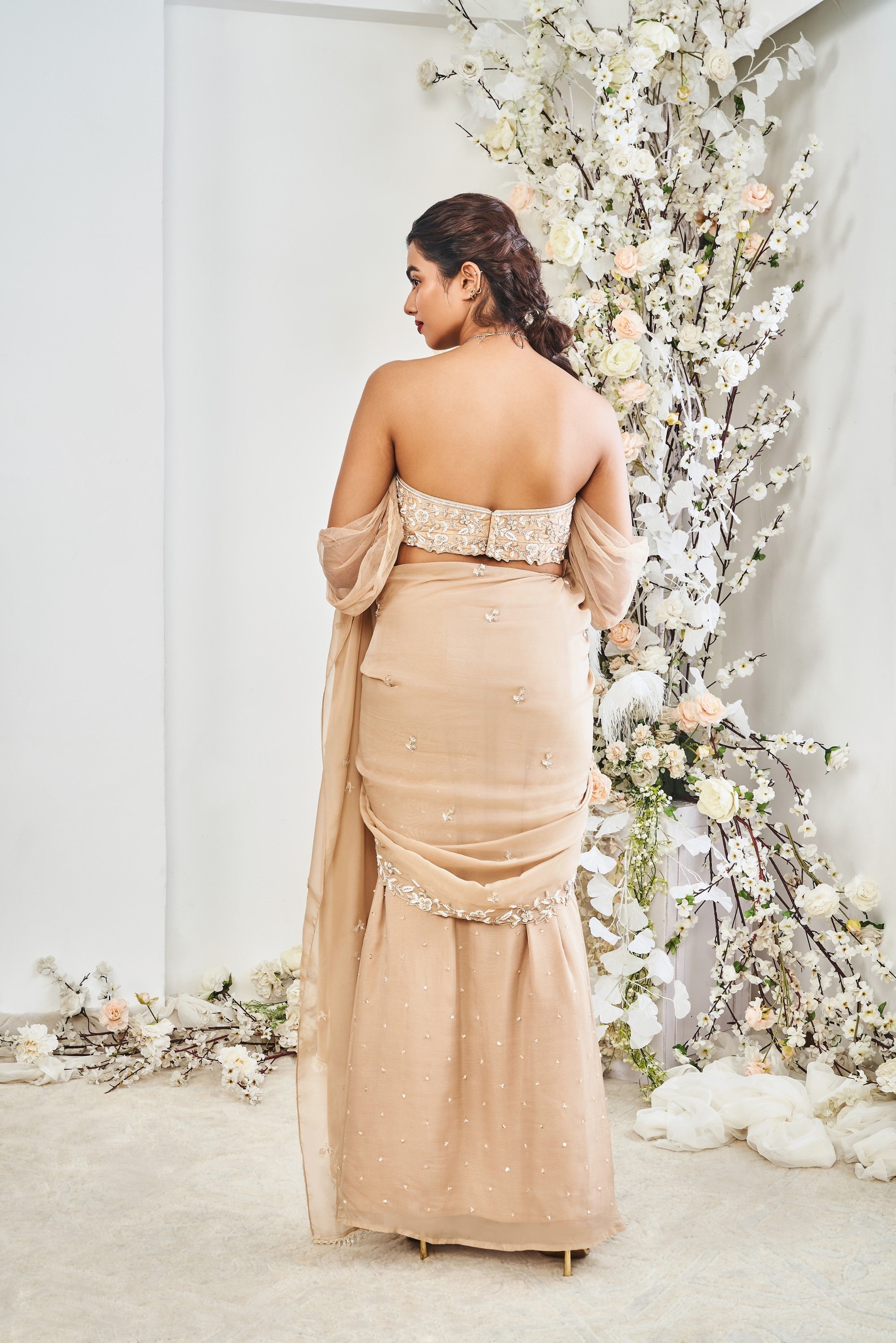 Beige Embroidered Draped Saree Set