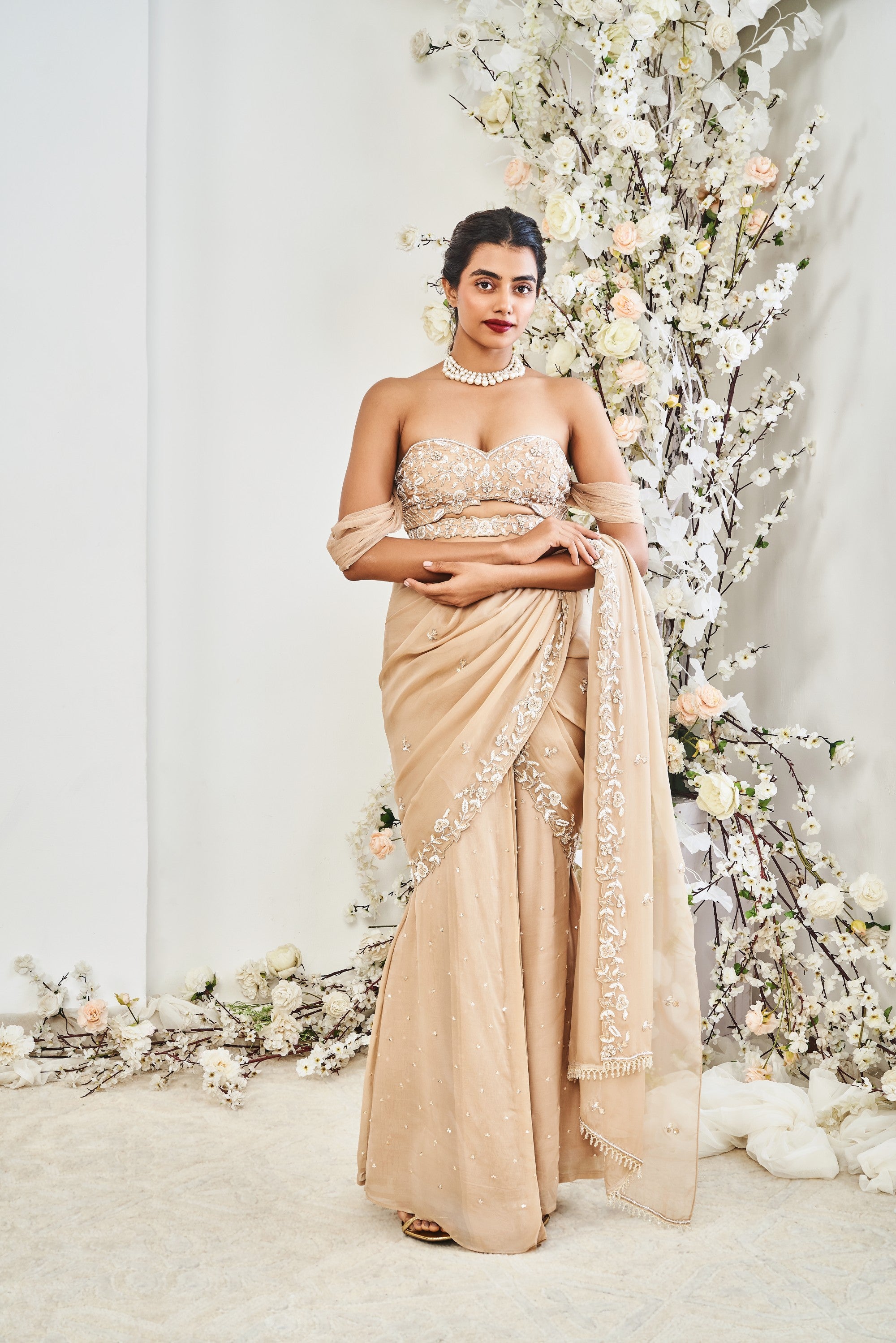 Beige Embroidered Draped Saree Set