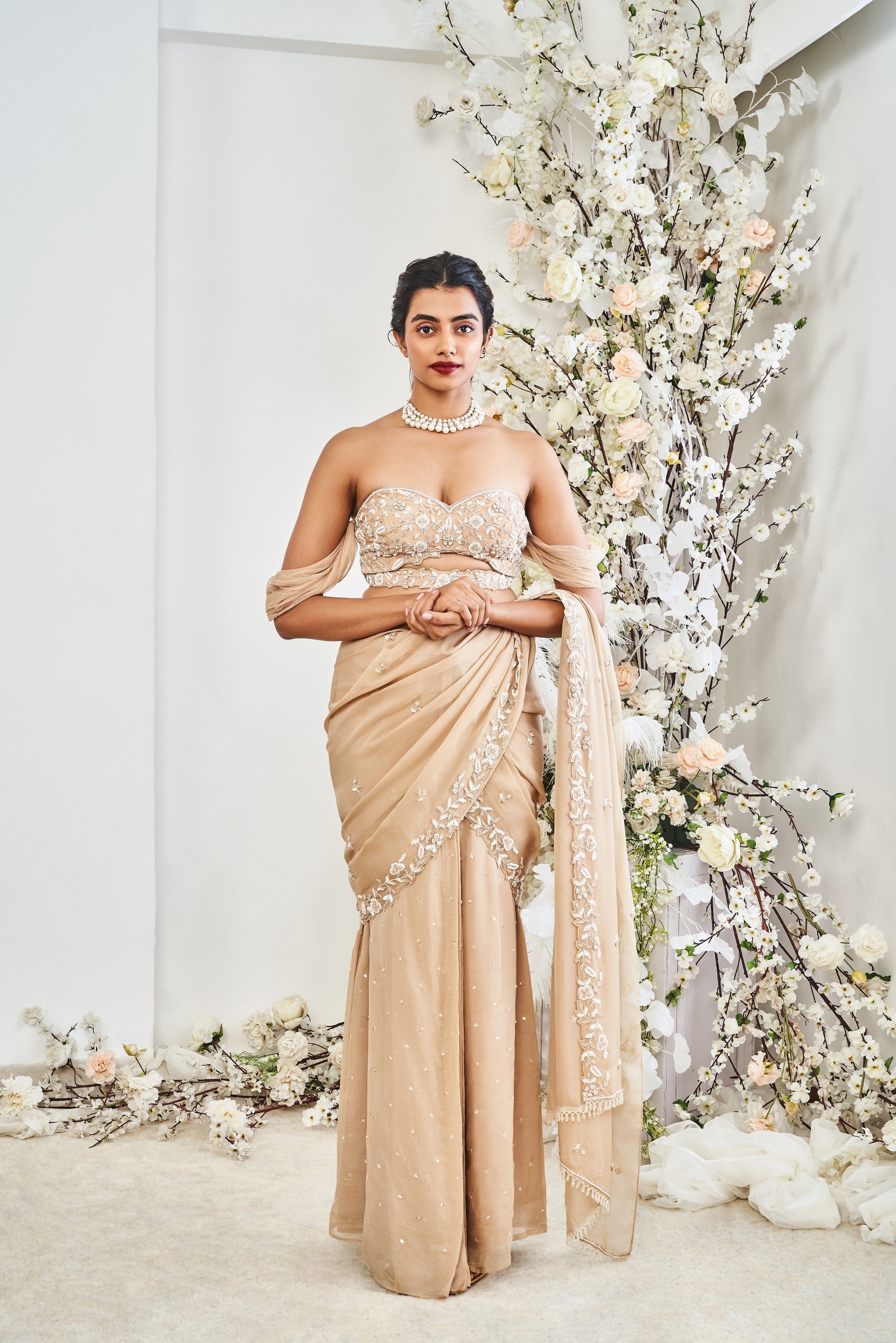 Beige Embroidered Draped Saree Set