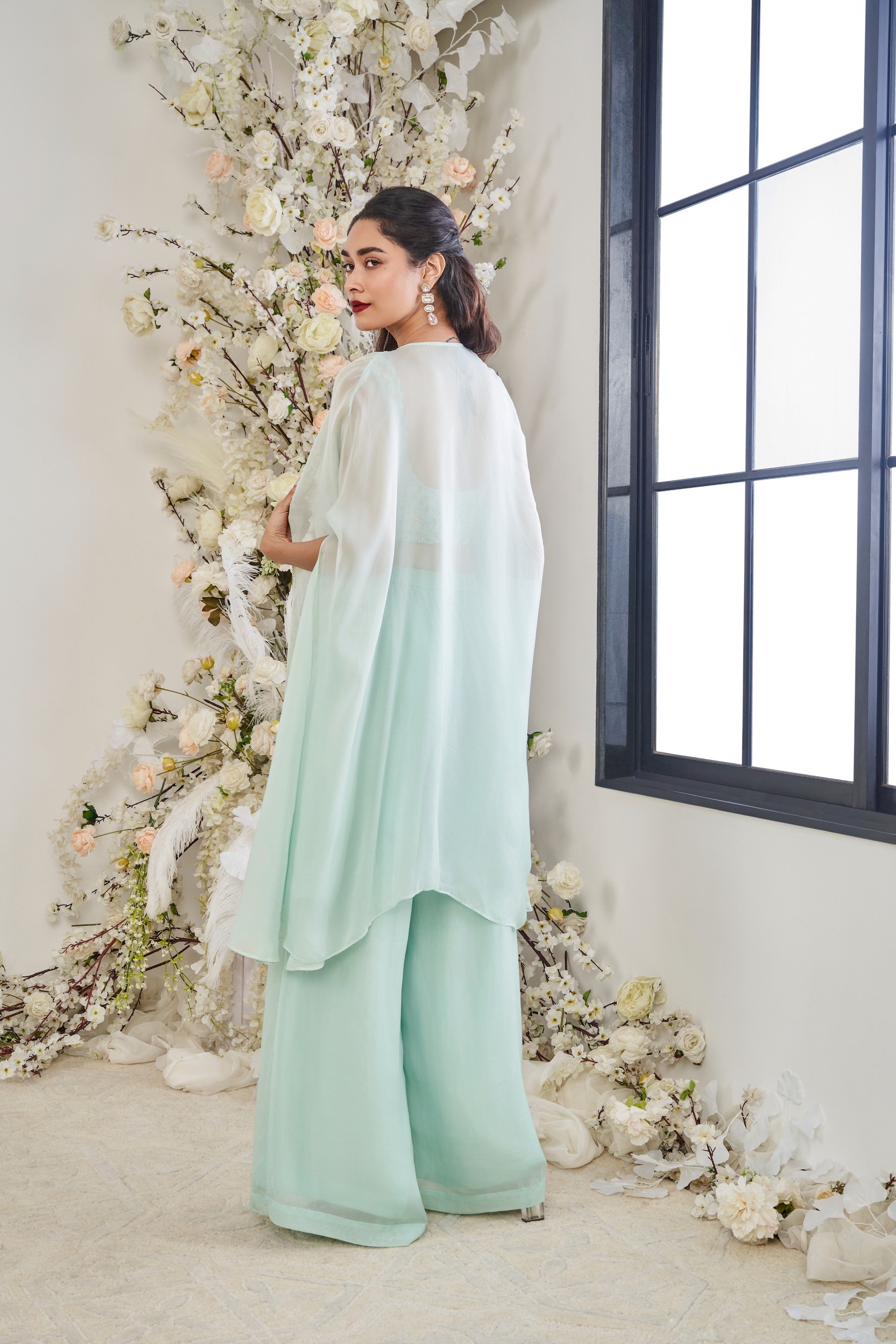 Turq Embroidered Three-Piece Cape Set