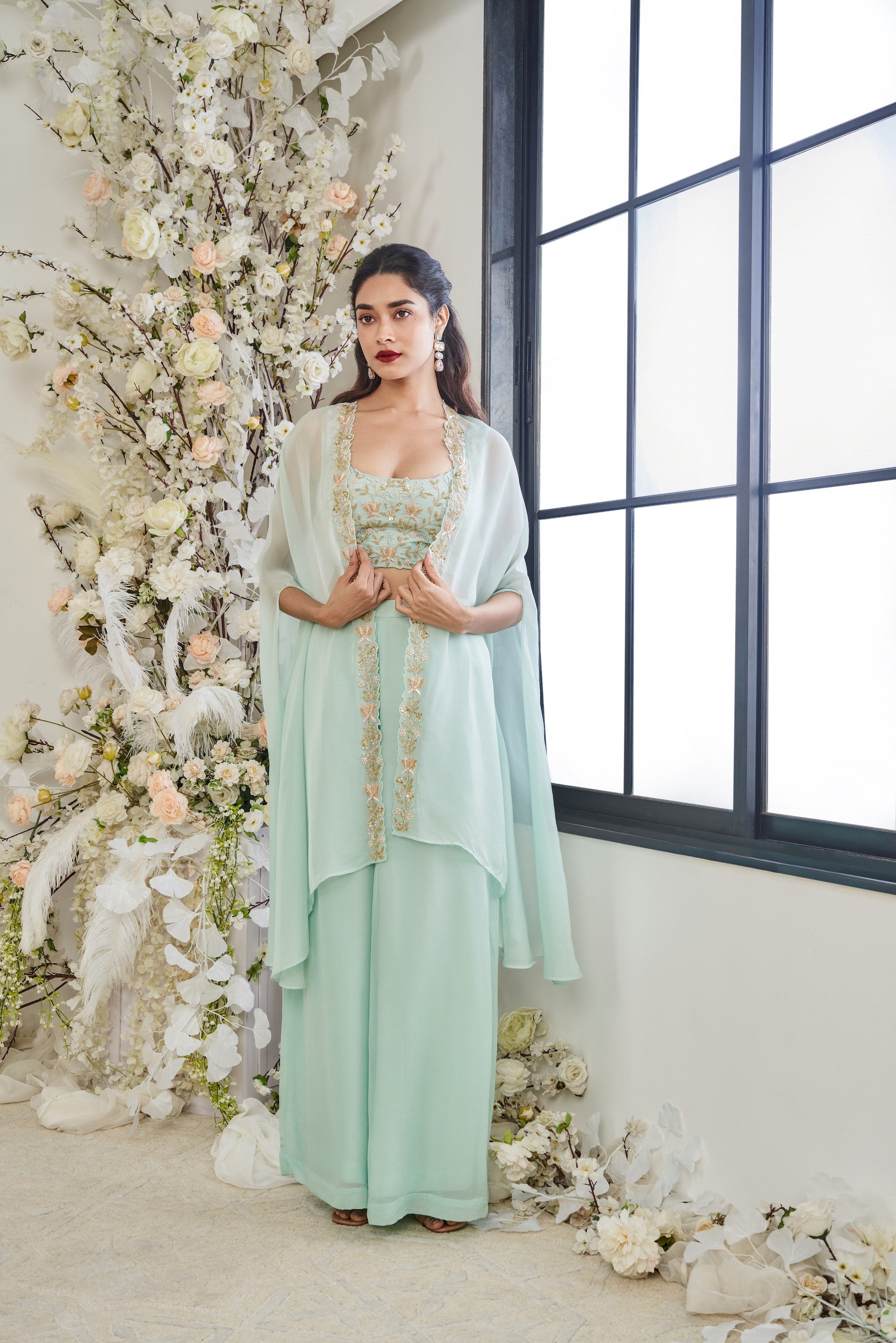 Turq Embroidered Three-Piece Cape Set