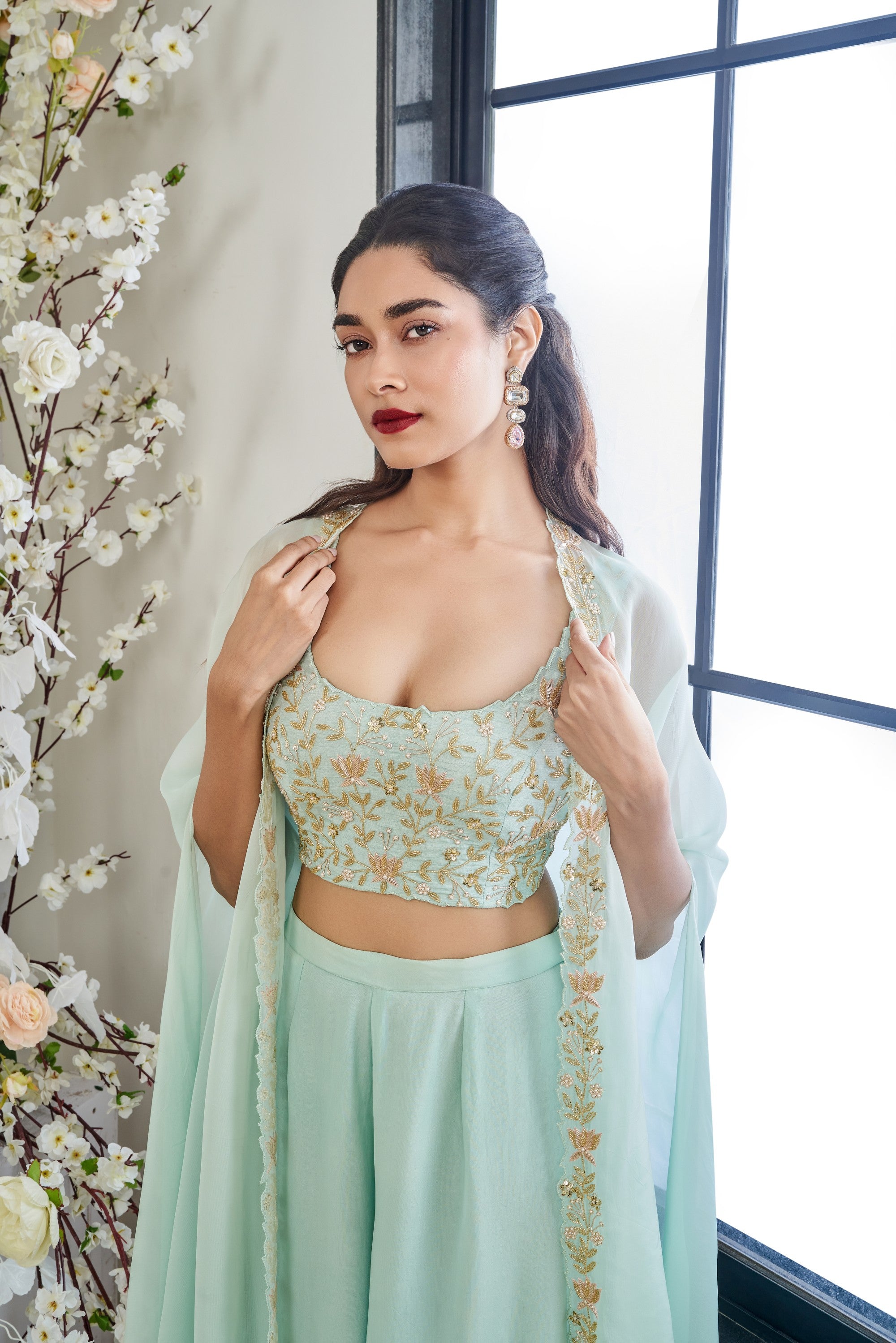 Turq Embroidered Three-Piece Cape Set