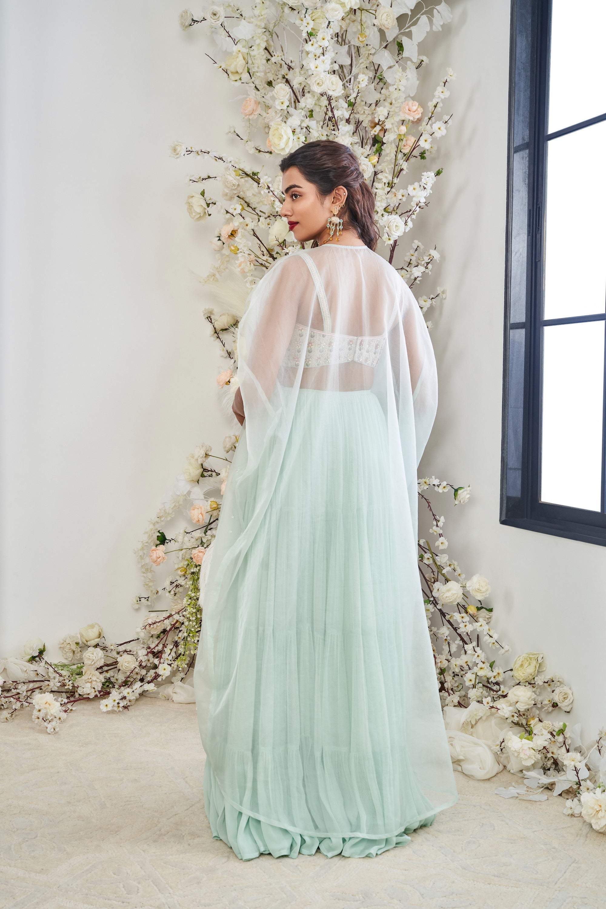 French Turq Knots Embroidered Cape Set