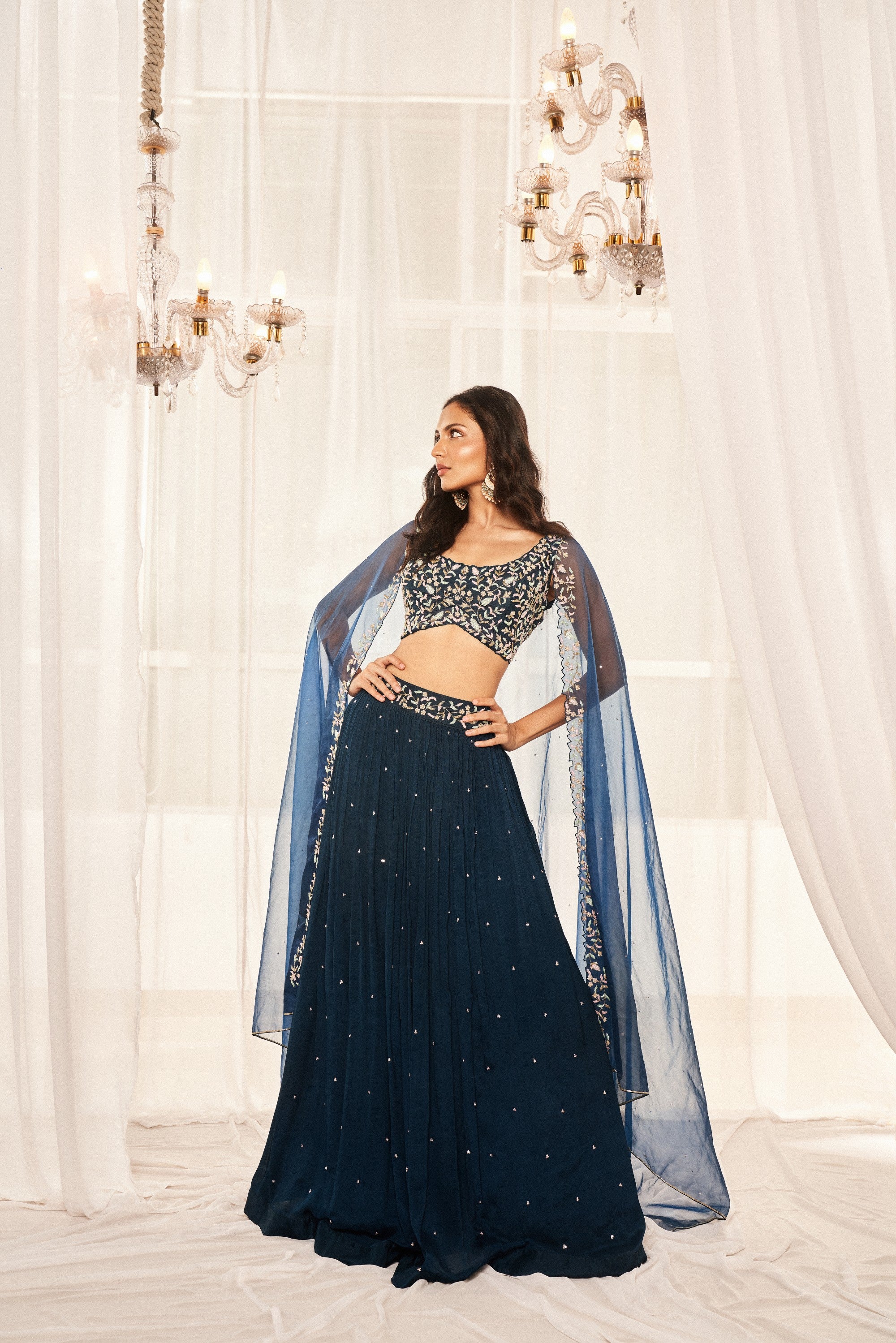 TEAL BLUE Chiffon LEHENGA SET