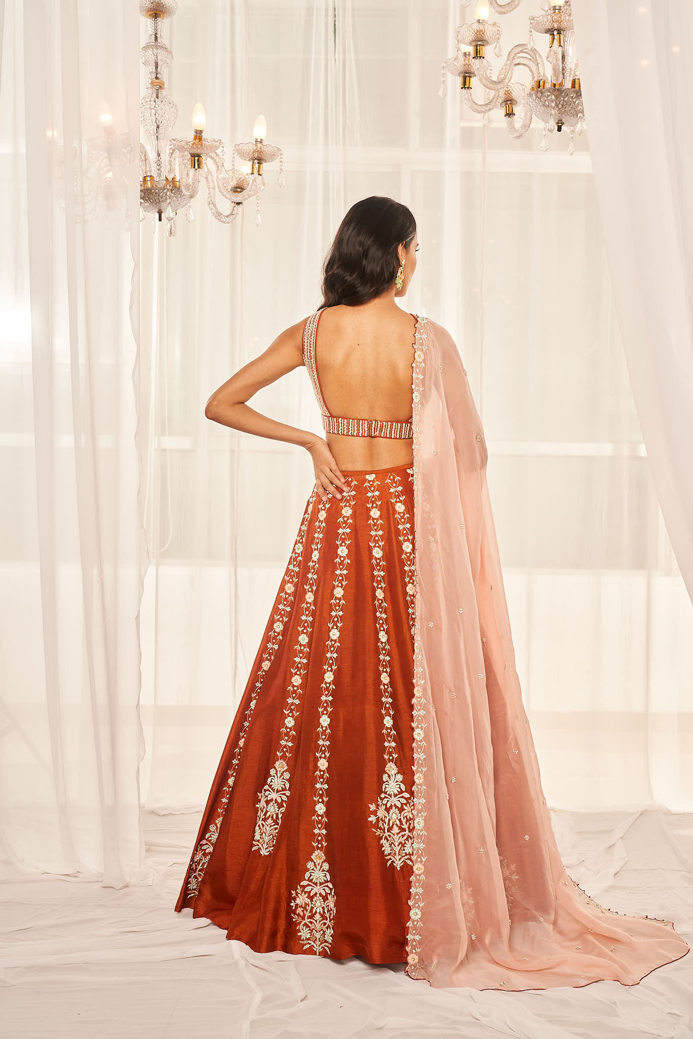 Burnt Orange Embroidered Lehenga Set