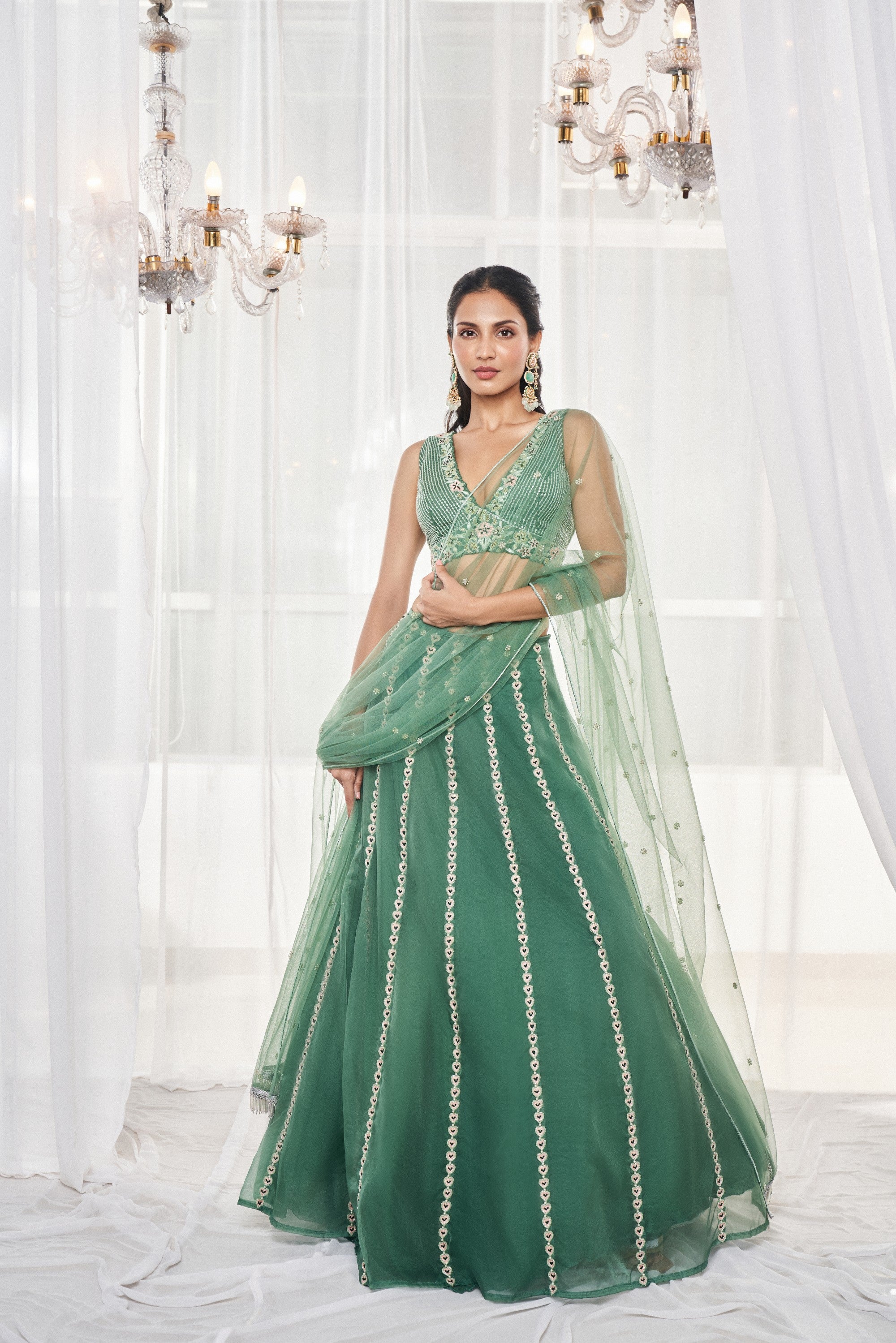 Teal Green Embroidered Lehenga Set