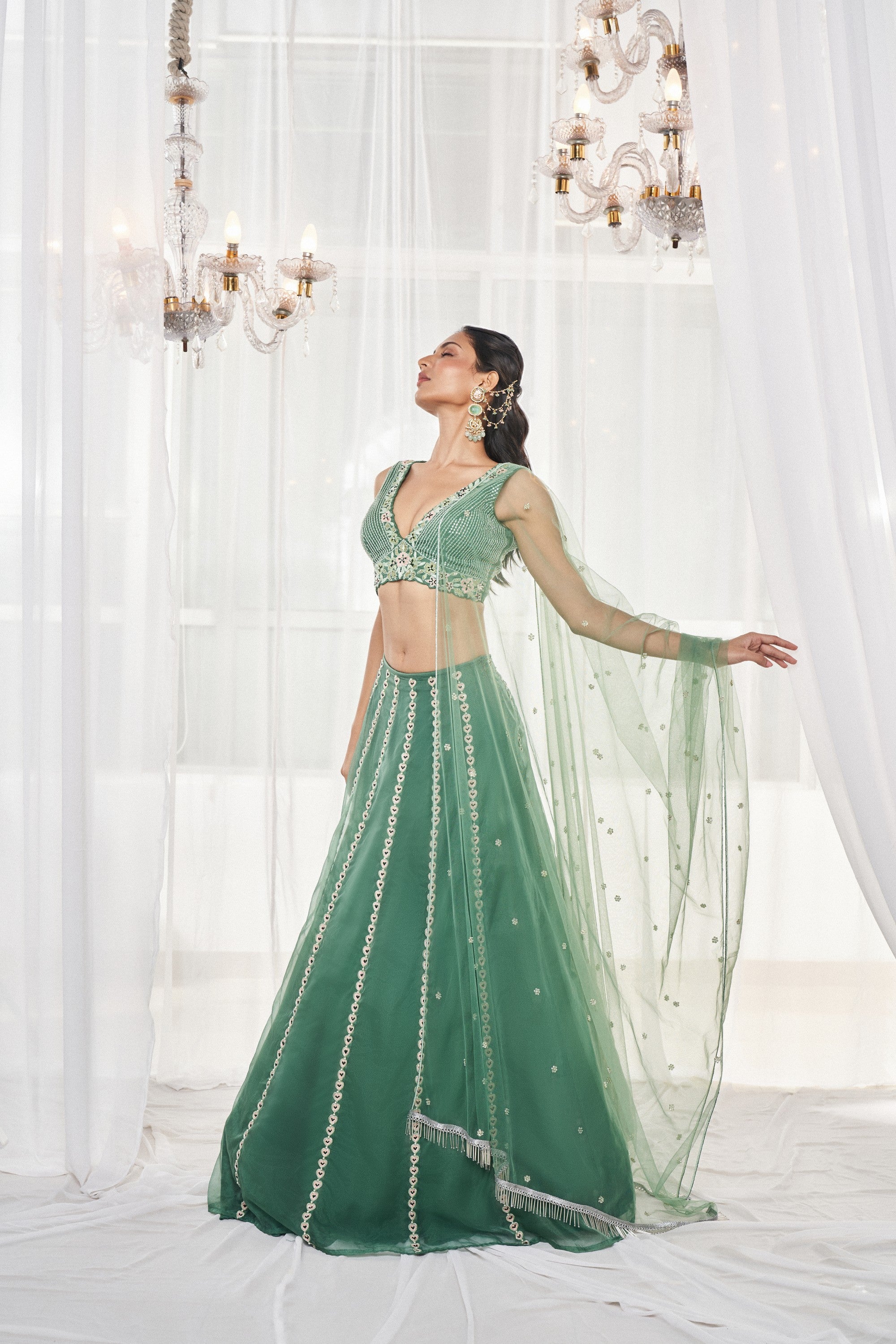 Teal Green Embroidered Lehenga Set