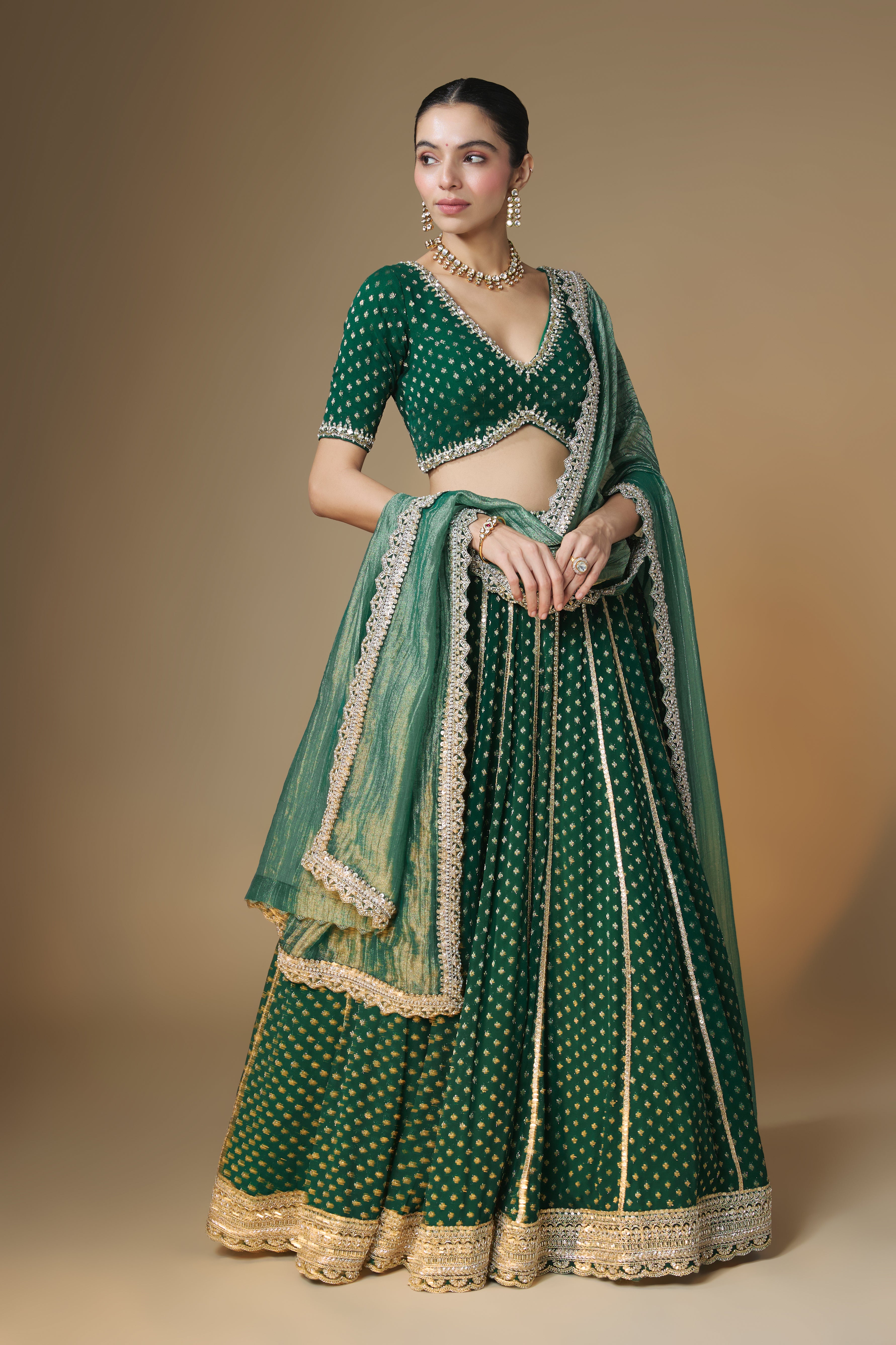 Emerald green benarasi butti lehenga blouse set