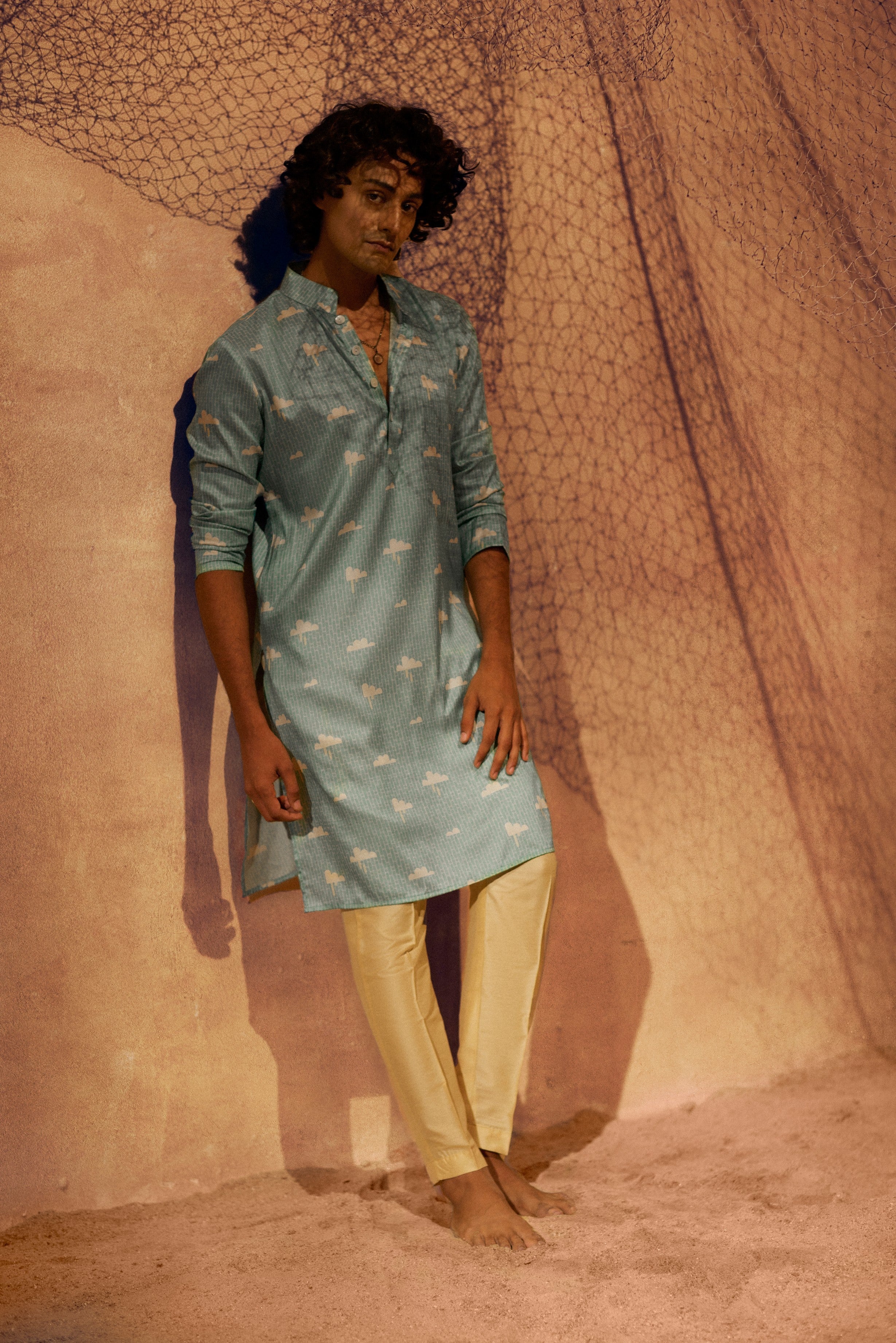 In The Clouds - Printed silk kurta with beige plain pants