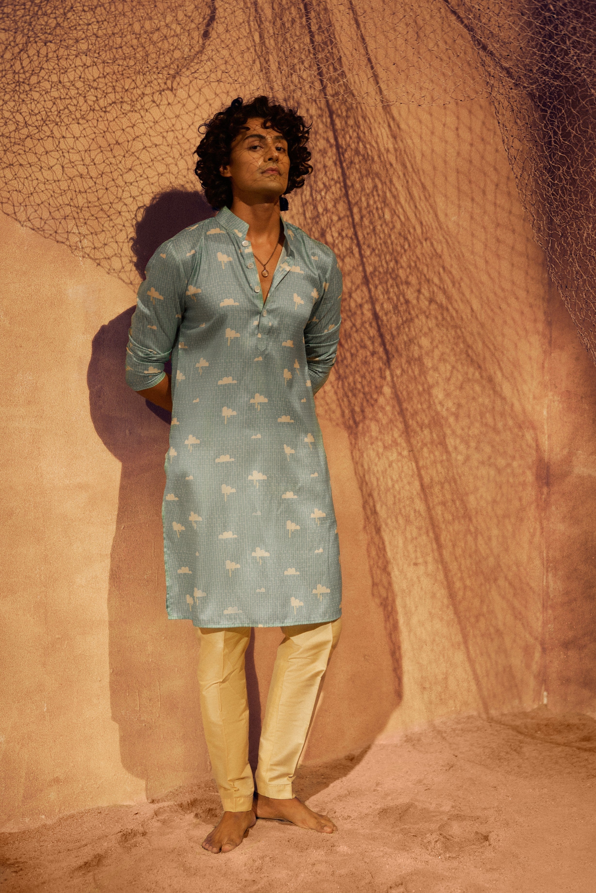 In The Clouds - Printed silk kurta with beige plain pants
